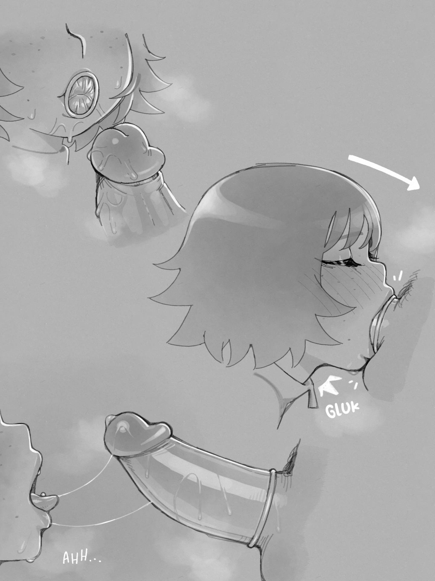 1boy, 1girls, artist signature, blush, blushing, cock, condom, female, freckles, kim pine, lips, madabalone, male, penis, putting on condom with mouth, red hair, scott pilgrim, short hair, straight, tagme