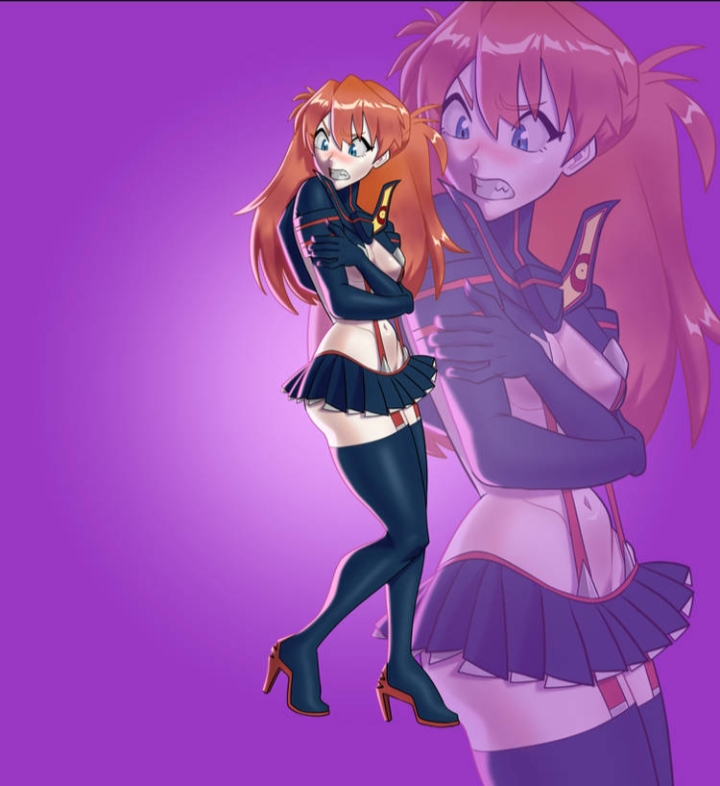 1girls, asuka langley sohryu, blush, boots, covered nipples, covering breasts, dress, embarrassed, high heels, kill la kill, matoi ryuuko (cosplay), neon genesis evangelion, red hair, senketsu (cosplay), stockings