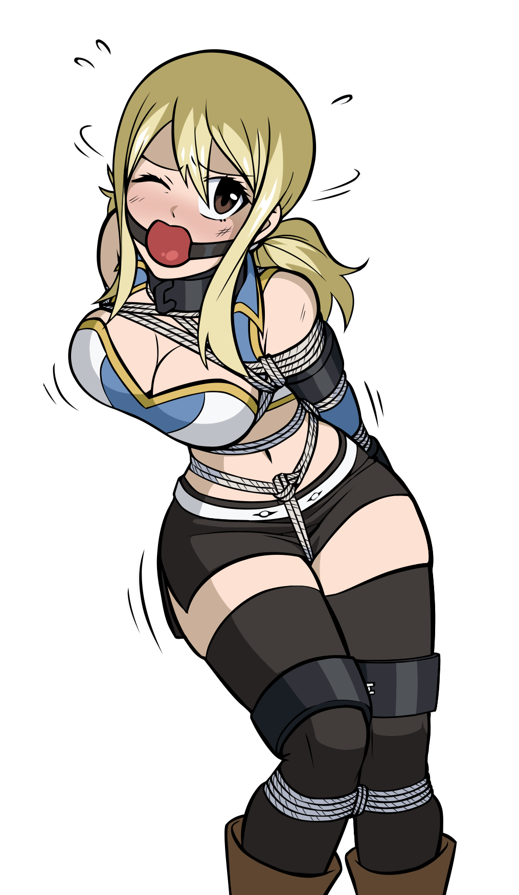 2girls arms_tied_behind_back ball_gag bdsm_collar big_breasts bondage cleavage collar collared crotch_rope defeated_heroine fairy_tail female femsub gag gagged leather legs_tied_together lucy_heartfilia miniskirt rope_bondage wossarem