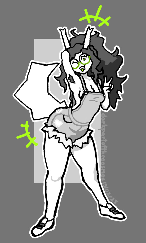 1girls, armpit hair, armpits, black hair, breasts, darkpartofthecosmos, dog ears, dog tail, female, female armpit hair, glasses, green tongue, grey background, hairy armpits, homestuck, human, jade harley, kemonomimi, long haur, overalls, overalls only, peace sign, ponytail, sideboob, solo female, tail, tongue, tongue out, white skin, white tail, winking, winking at viewer