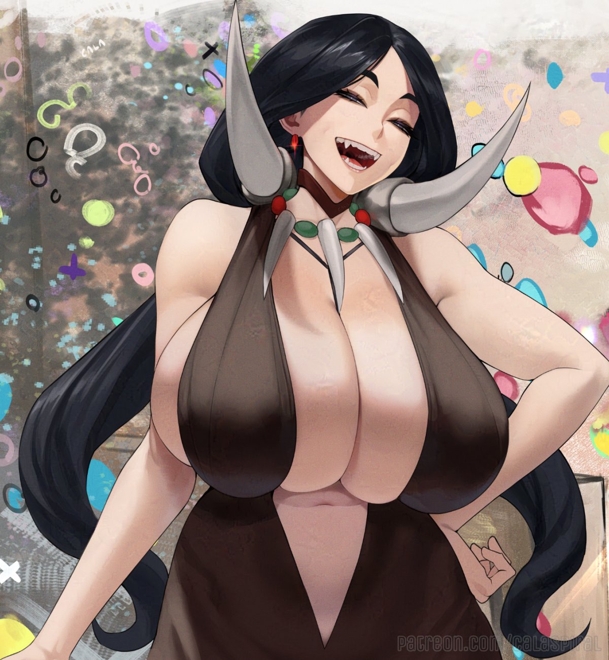 1girls calad_g cleavage drasna_(pokemon) dress female gilf granny huge_breasts large_breasts old old_woman pokemon sharp_teeth tagme