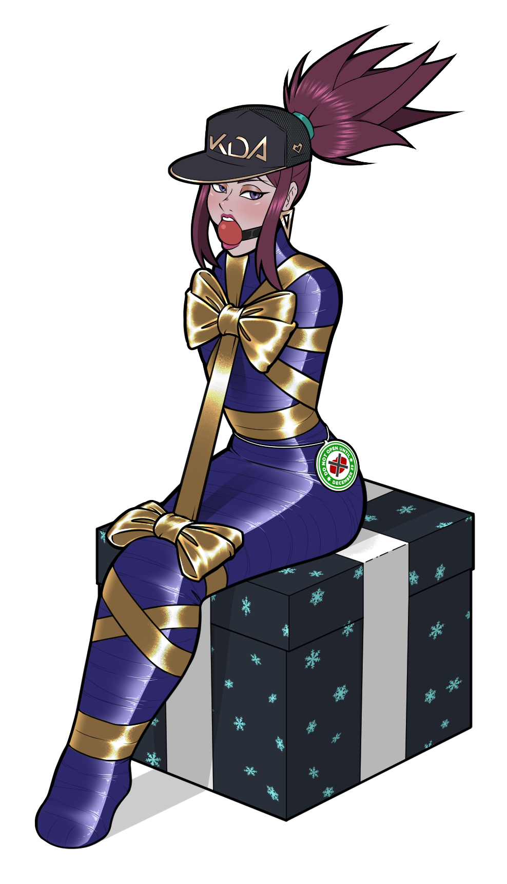 akali ball_gag bondage cap christmas_present gag gagged k/da_akali k/da_series league_of_legends mummification ponytail present present_wrap tape_bondage wossarem