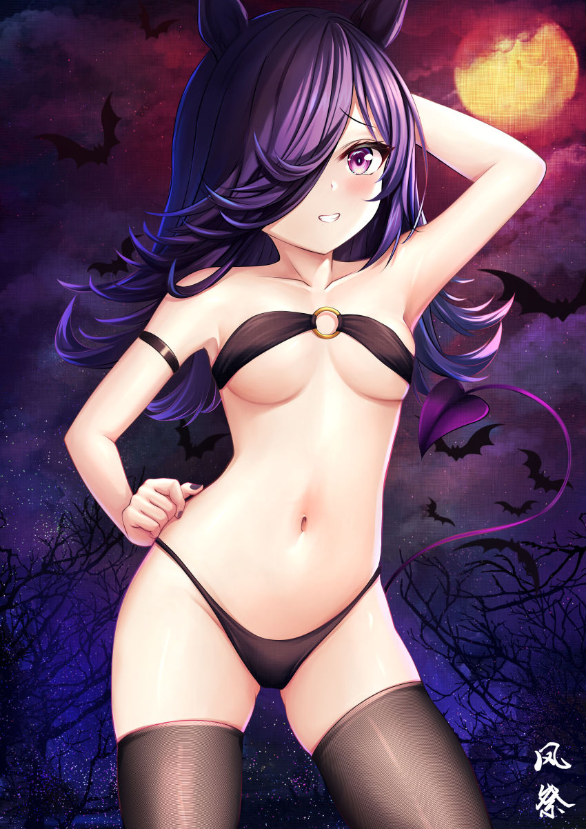bikini, black hair, breasts, female, kazamatsuri honatsu, long hair, medium breasts, purple eyes, rice shower (umamusume), teasing, umamusume, white skin