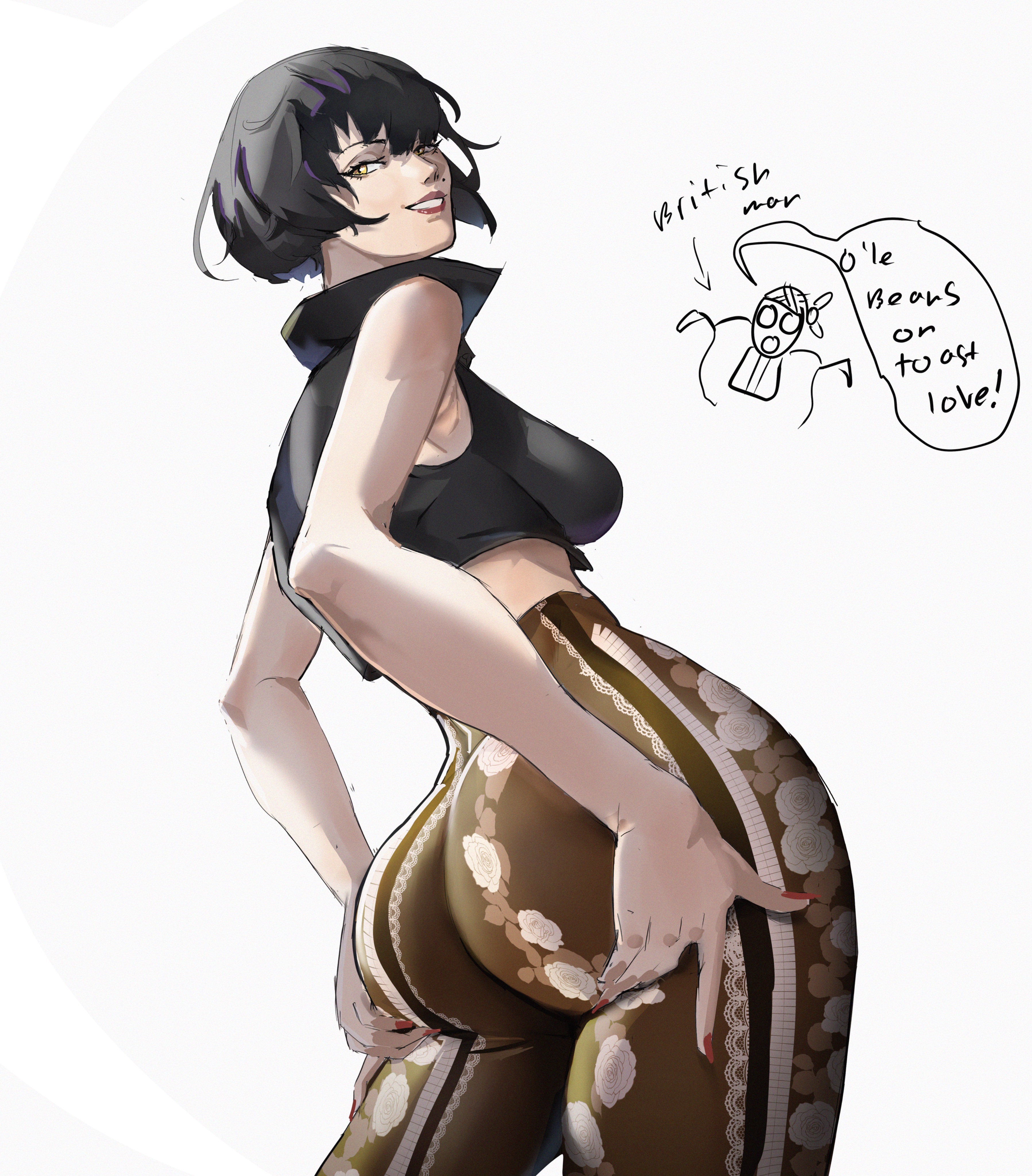 ass, ass focus, big ass, big butt, black hair, bottom heavy, breasts, bubble butt, cheymix, english text, fat ass, female, fighting game, flare pants, forbidden pants, grabbing own ass, guilty gear, huge ass, i-no, large ass, large breasts, light skin, light-skinned female, lipstick, looking back, mole above mouth, painted nails, rear view, round ass, short hair, smile, smiling, text, thick ass, thick thighs, tight clothing, video games, wide hips, yellow eyes