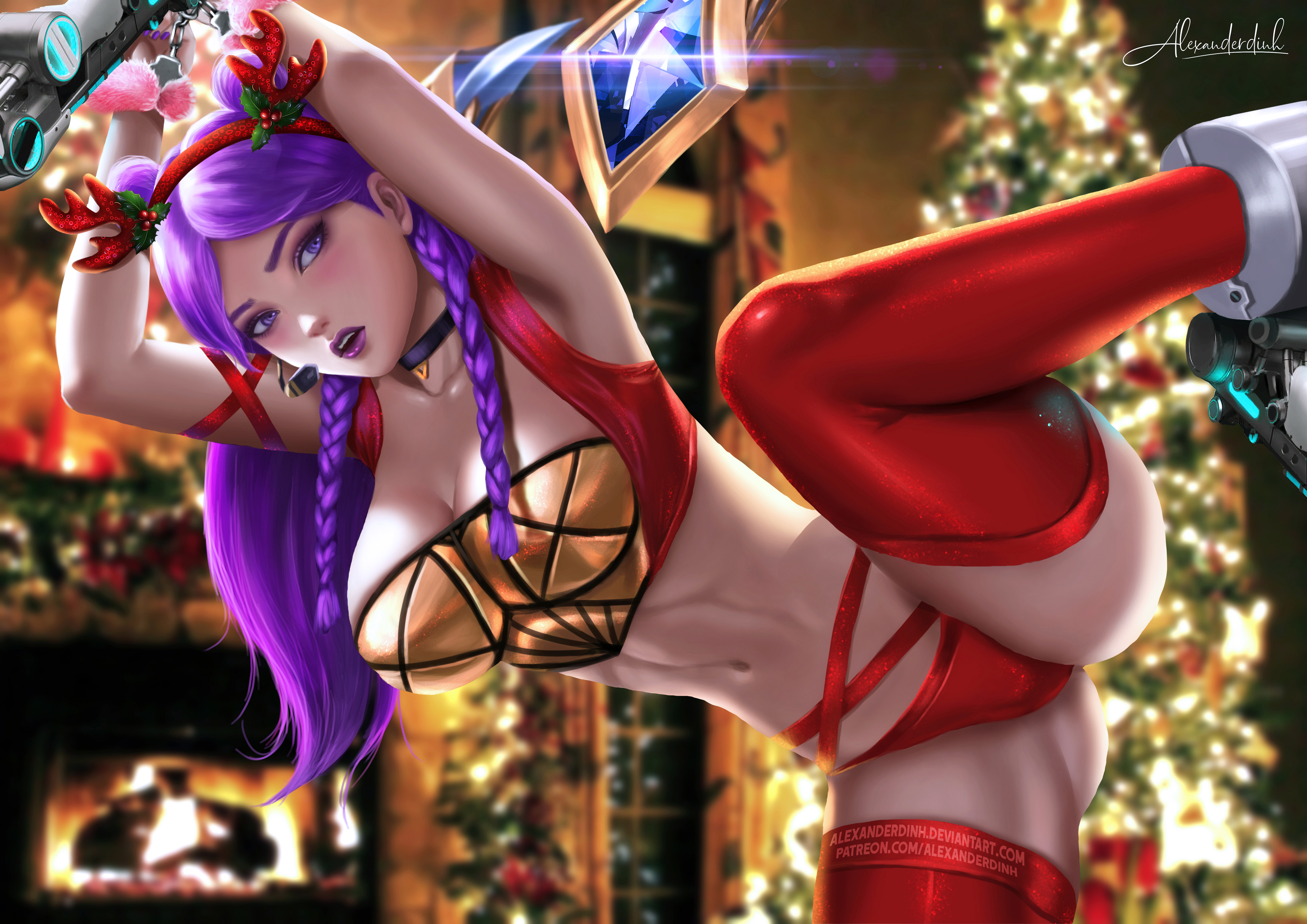 1girls, alexander dinh, alternate costume, arms up, bondage, breasts, christmas, cleavage, female, female only, fuzzy handcuffs, hairband, handcuffs, headband, k/da kai'sa, k/da series, kai'sa, large breasts, league of legends, lipstick, navel, open mouth, panties, purple eyes, purple hair, purple lipstick, red panties, sex machine, spread legs, thighhighs