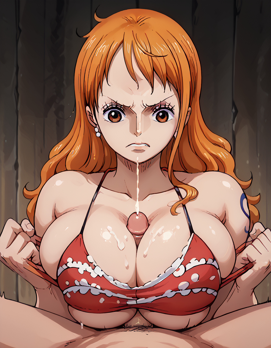 1boy, 1girls, ai generated, angry, arm tattoo, blue tattoo, breast squeeze, breasts, bursting breasts, cleavage, cleavage overflow, cum, cum on breasts, cumshot, female, huge breasts, huge cock, male, male/female, nami (one piece), one piece, orange hair, orange-haired female, paizuri, paizuri under clothes, paralap, penis, string pull, tattoo
