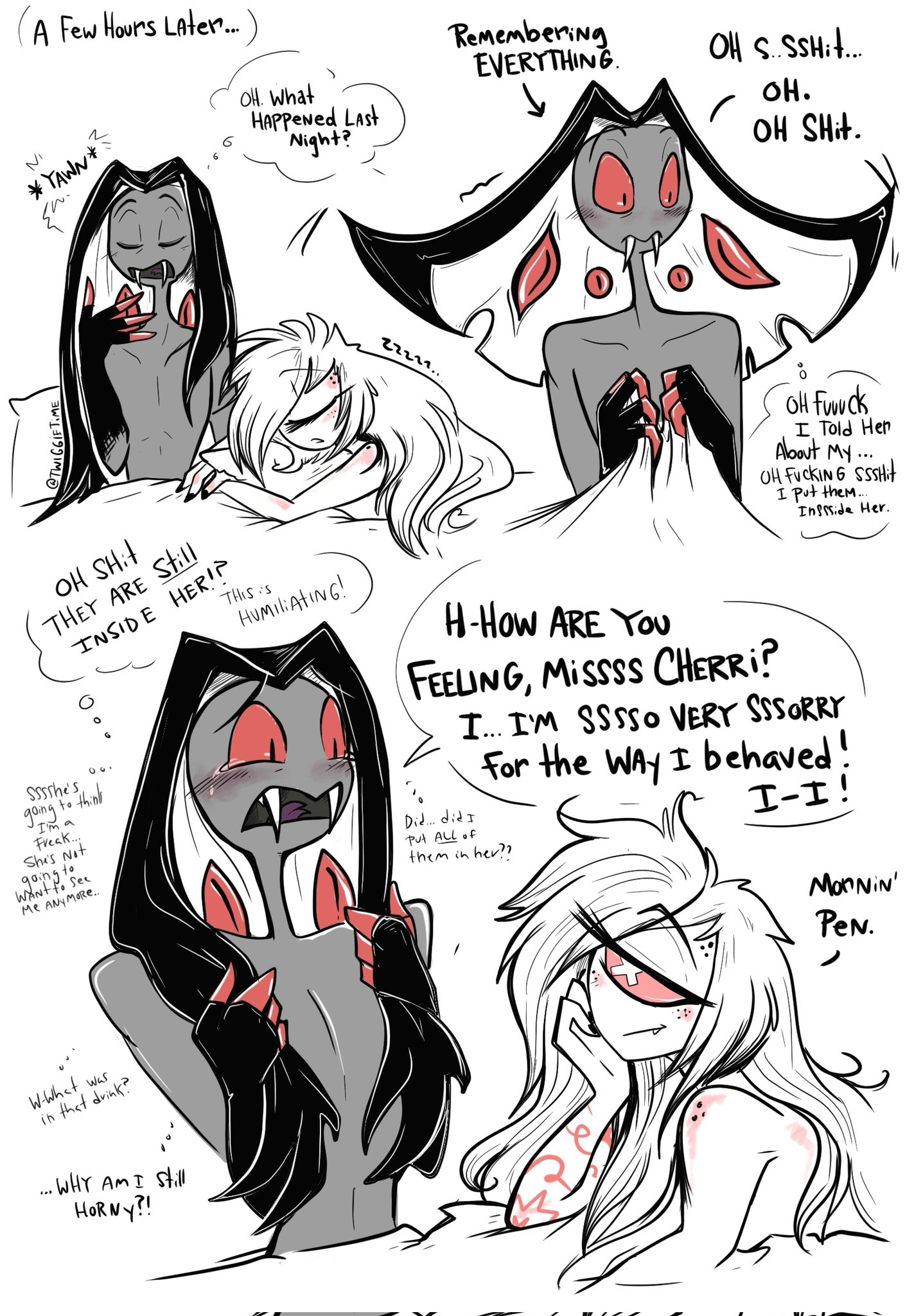 1boy, 1girls, 2024, 2d, apologetic, apologizing, apology, blush, blushing, cherri bomb, cherri bomb (hazbin hotel), color, comic, cyclops, dialogue, english, english dialogue, english text, female, freckles, freckles on face, hazbin hotel, horny, horny (disambiguation), horny male, in bed, male, morning, morning after, panic, panicking, sir pentious (hazbin hotel), snake, talking, talking to another, talking to partner, tears, text, text bubble, thought bubble, twiggietime, vivienne medrano, watermark, white background, worried, worried expression, worried face, worried look