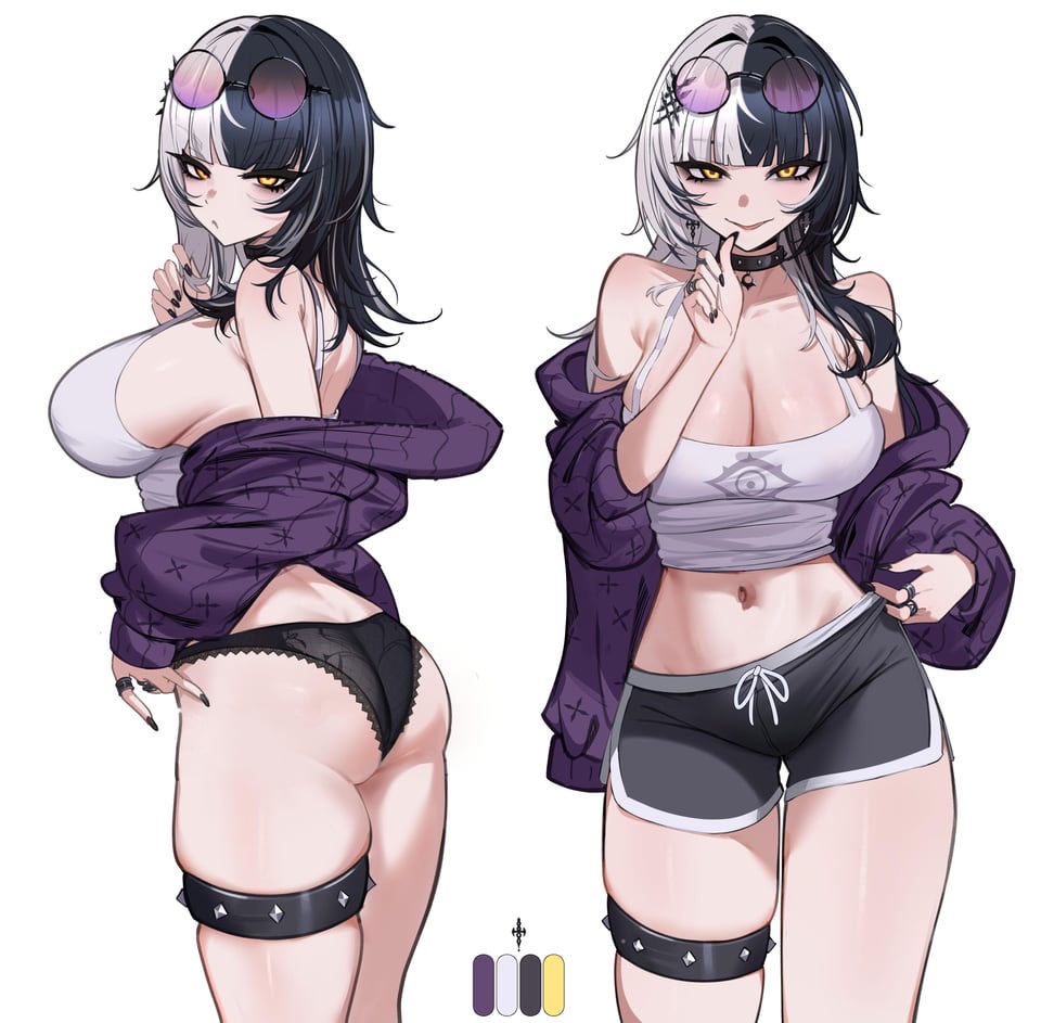 1girls, big breasts, black hair, breasts, choker, dolphin shorts, doujenrad, female, hololive, hololive english, hololive english -advent-, large breasts, looking at viewer, no bra, panties, shiori novella, shirt, solo, solo female, sunglasses, sunglasses on head, thick thighs, thigh gap, virtual youtuber, vtuber, white hair, yellow eyes
