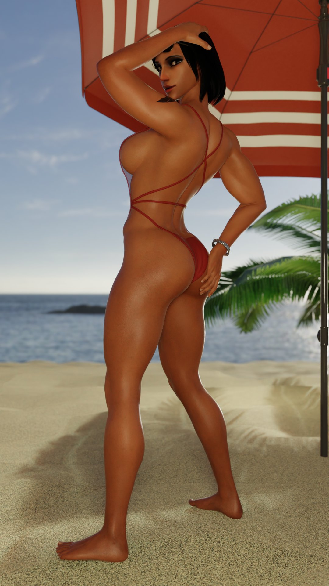 3d 3d_model 3d_render ass back_view beach bikini black_hair breasts butt_grab egyptian feet female female_focus female_only hobbyr34 looking_at_viewer overwatch overwatch_2 pharah pharah_(overwatch) pillow_shading side_view sideboob