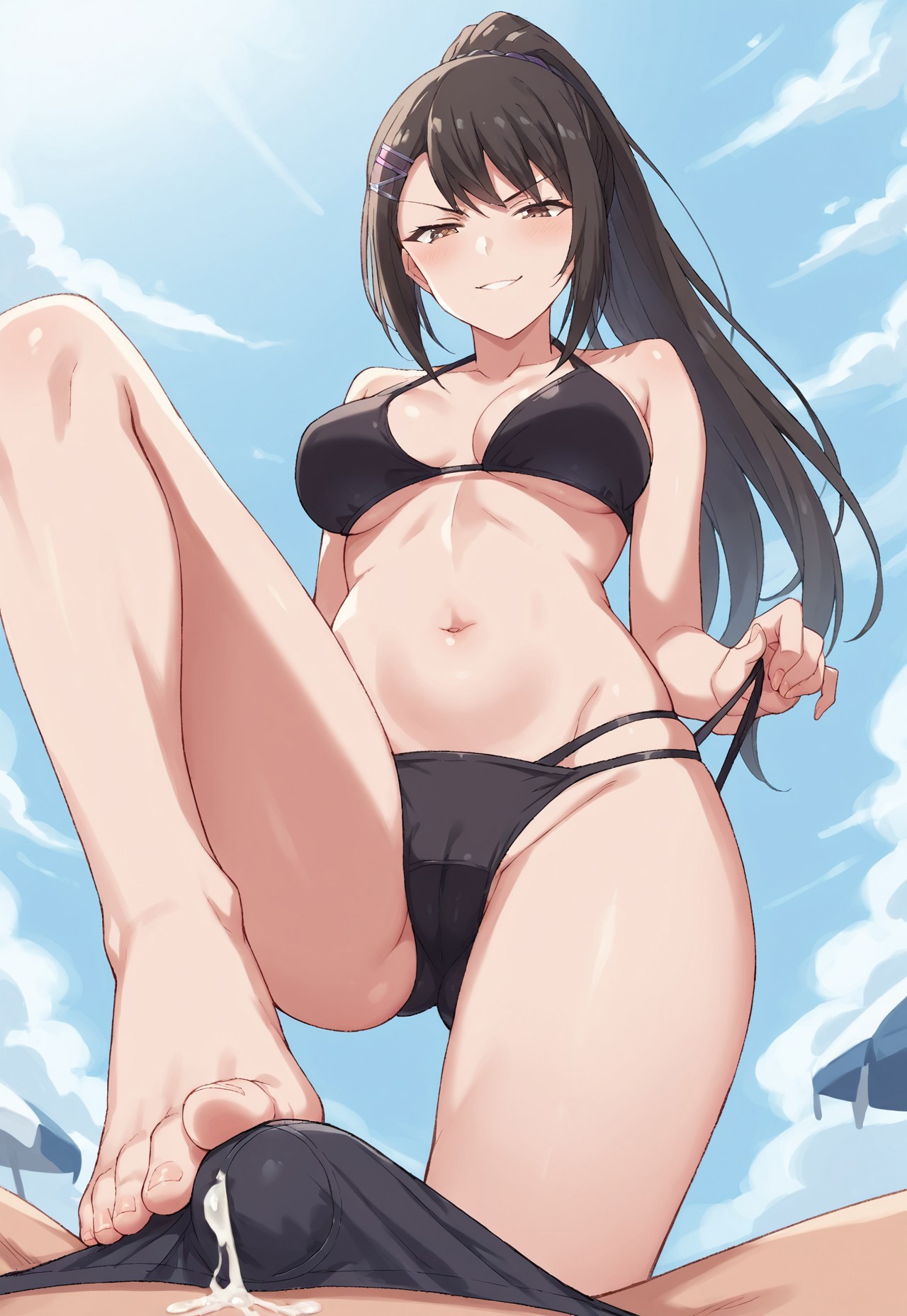 1boy, 1girls, ai generated, barefoot, beach, bikini, blush, breasts, brown eyes, brown hair, chabashira sae, classroom of the elite, cum, cumshot, ejaculating, ejaculation, elkazama yumi, erection, feet, female, foot fetish, foot focus, foot on penis, footjob, footjob over clothes, long hair, looking at penis, looking down, male, navel, penis, ponytail, stepping on penis, swimsuit, toenails, toes, toes on penis, trampling