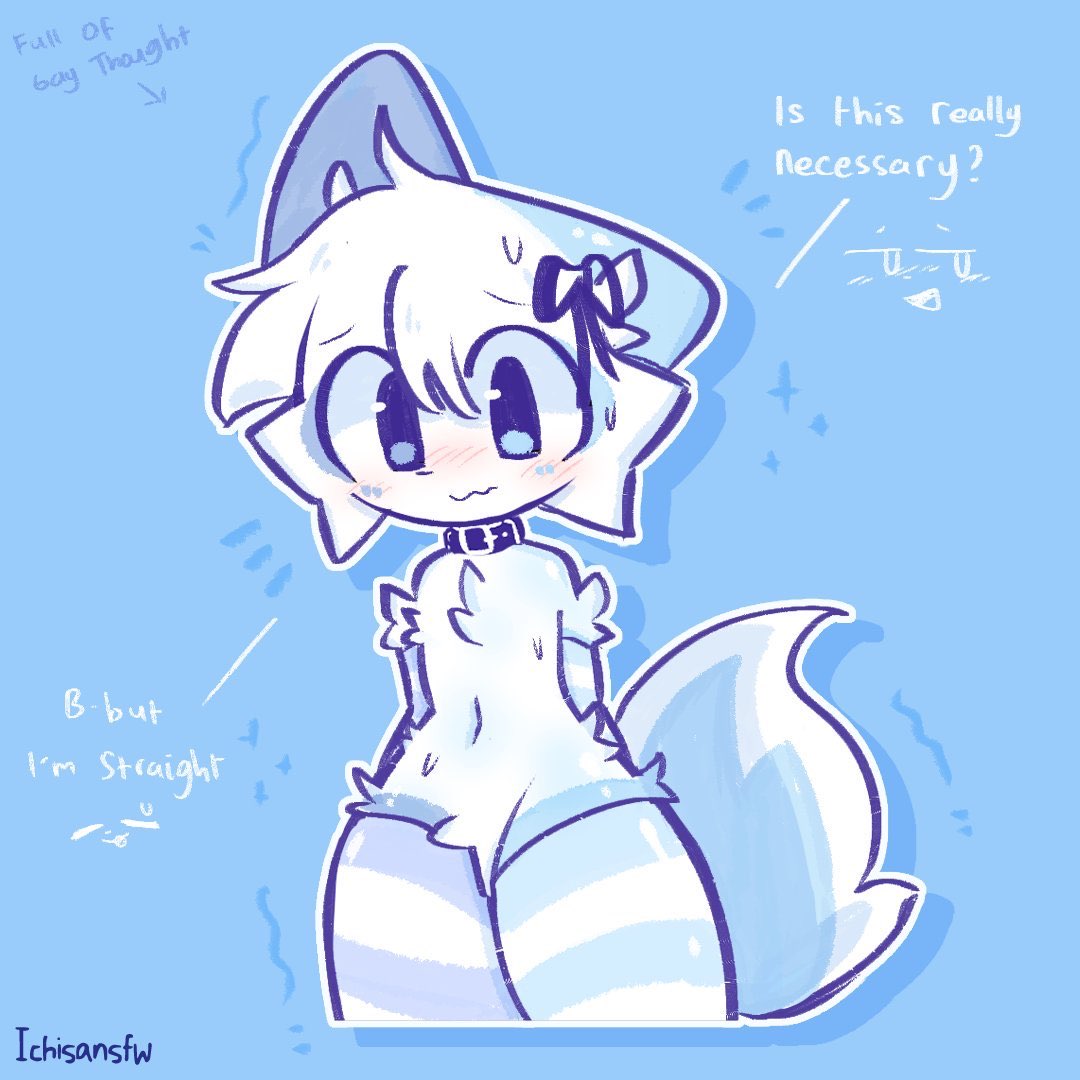 blush, chest tuft, collar, femboy, furry, ichisansfw, male, tagme, text, thick thighs, thighhighs
