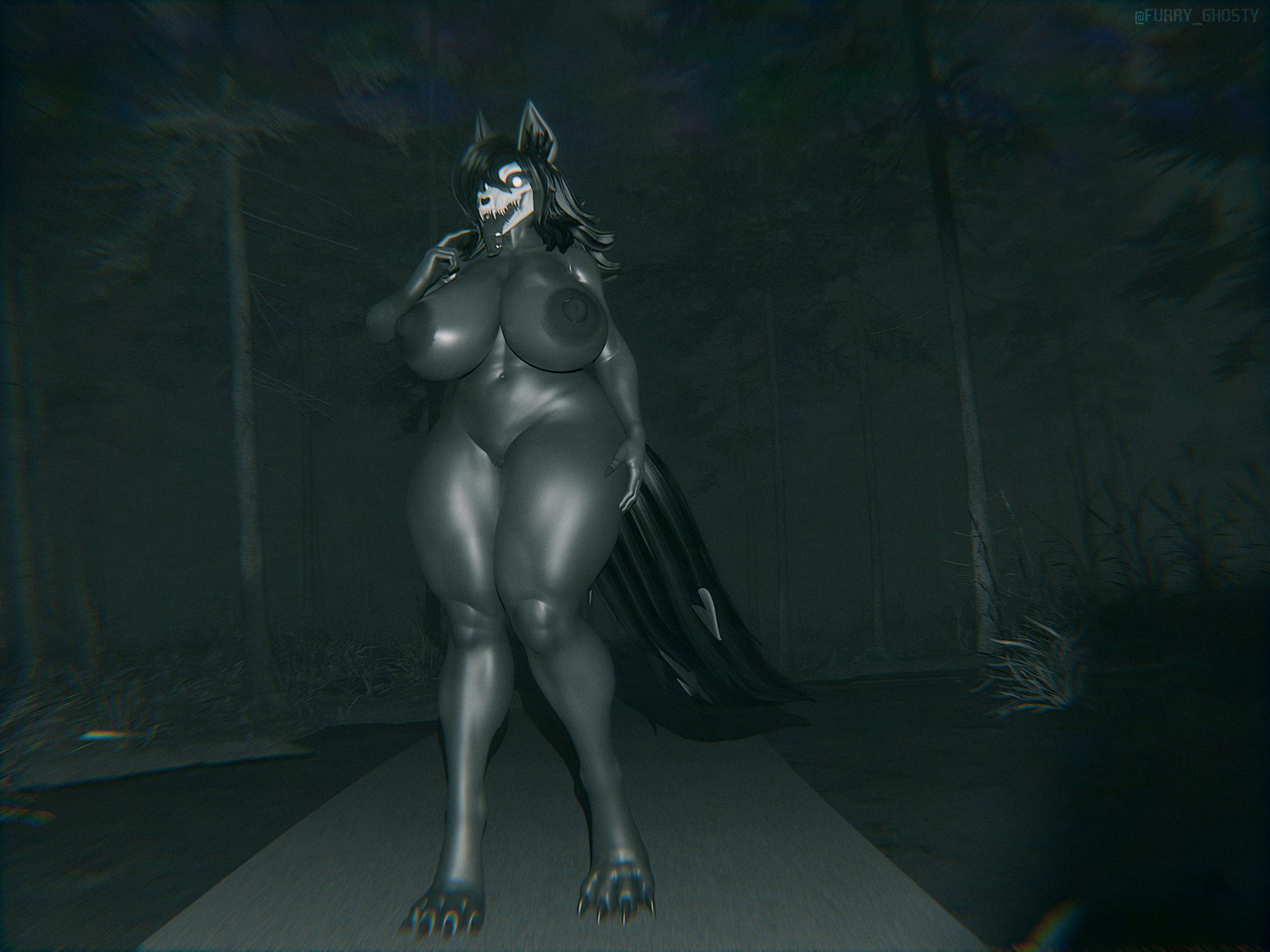 1girls, 3d, big breasts, black body, black hair, breasts, female, furry, furry ghosty, huge breasts, long hair, looking at viewer, mal0, malo, naked, naked female, nipples, nude, nude female, scp foundation, scp-1471, scp-1471-a, scp-1471-a (scrag), skull head, solo, tail, tall female, taller female, thick thighs, tongue, tongue out, uncensored, wide hips, wolf, wolf girl