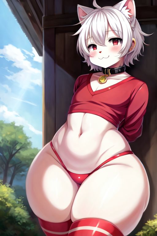 :3 ai_generated big_thighs collar cute_face femboy furry_ears panties red_eyes socks white_hair