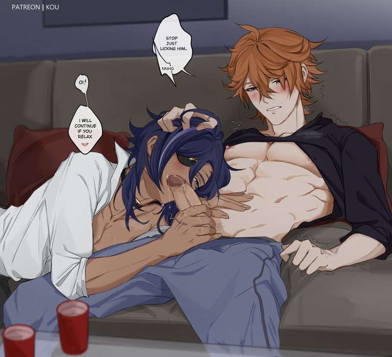 2boys, blowjob, blue eyes, blue hair, childe (genshin impact), dark skin, dialogue, english text, erection, fellatio, gay, gay blowjob, genshin impact, giving head, hair grab, hoyoverse, kaeya (genshin impact), licking penis, long hair, male, male/male, penis, speech bubble, tartaglia (genshin impact), yaoi