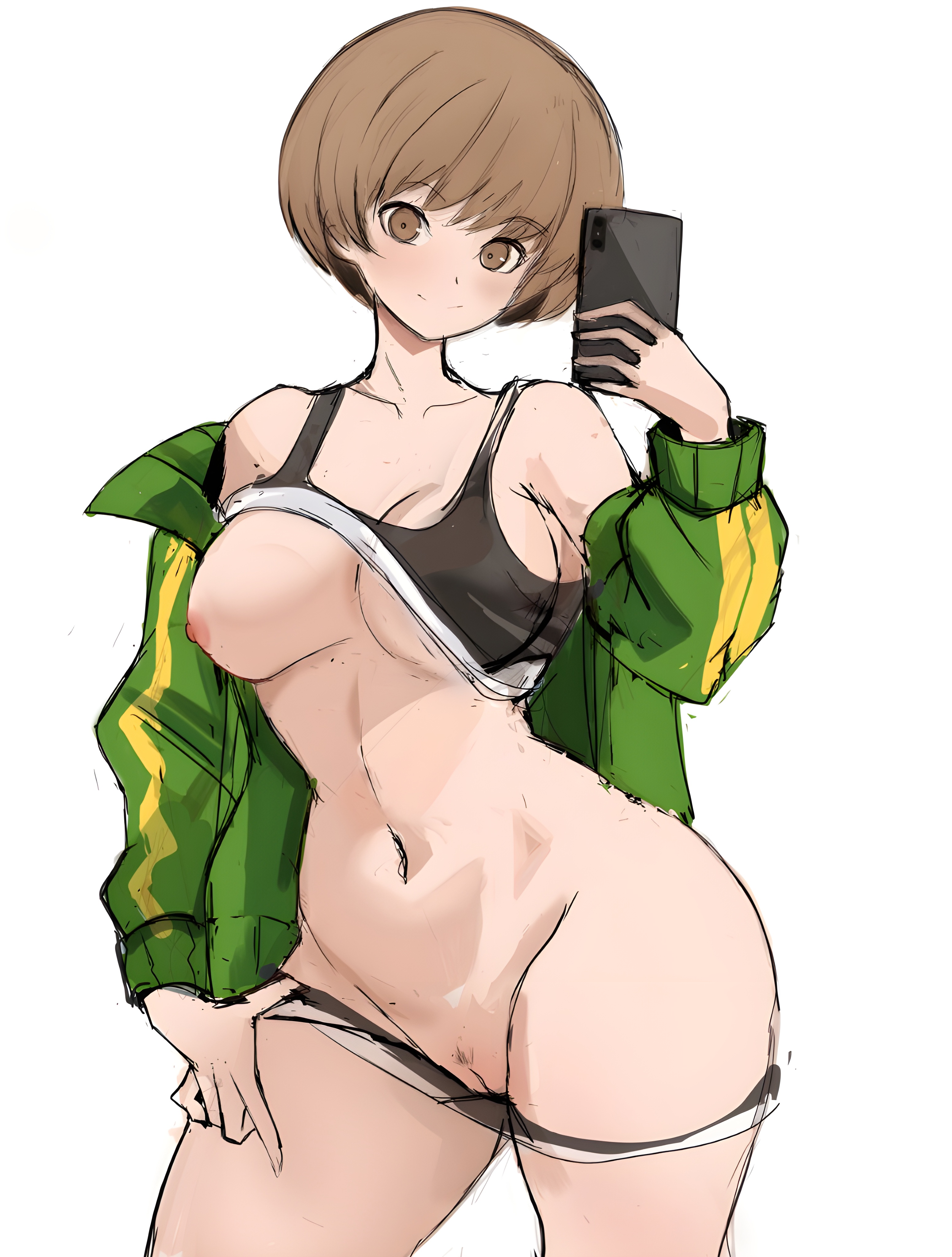 1girls, absurd res, alternate version available, areolae, athletic, athletic female, atlus, big breasts, black bra, black thong, bob cut, bra lift, breasts, breasts out, breasts out of bra, brown eyes, brown hair, curvy, curvy figure, erect nipples, female, female only, fit, fit female, functionally nude, functionally nude female, green jacket, holding phone, jacket, jacket partially removed, light skin, light-skinned female, nipples, panties, panties down, persona, persona 4, phone, presenting, presenting breasts, presenting pussy, pubic hair, pussy, rakeemspoon, satonaka chie, selfie, short hair, smile, solo, solo female, sports bra, sportswear, standing, taking picture, thong, thong down, thong panties, tomboy, topwear, topwear lift, voluptuous, voluptuous female, white background, wide hips