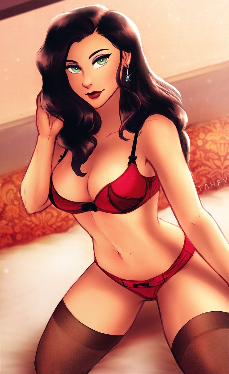asami sato, avatar the last airbender, bra, breasts, cleavage, female, female only, iahfy, large breasts, looking at viewer, panties, smooth skin, solo, stockings, the legend of korra, thighhighs