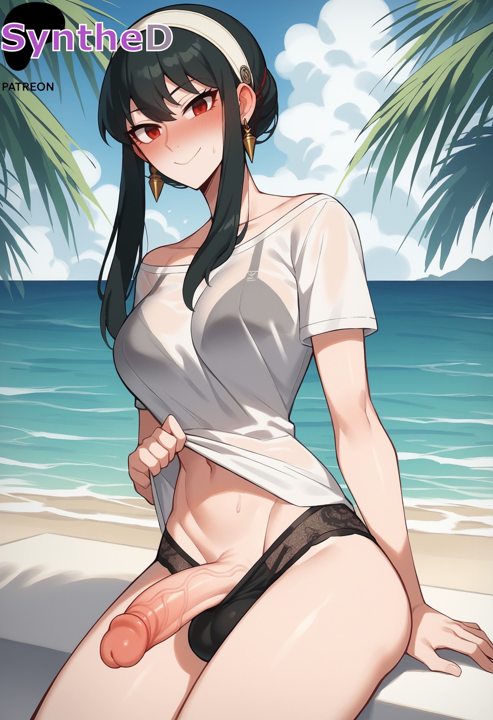 1futa, ai generated, artist name, artist signature, black hair, blush, breasts, clothes lift, collarbone, earrings, futanari, hi res, high resolution, highres, intersex, jewelry, large breasts, looking at viewer, navel, outdoors, panties, patreon, penis, red eyes, see-through, see-through shirt, shirt, shirt lift, sitting, smile, solo, spy x family, synthed, uncensored, underwear, veins, veiny penis, yor briar, yor forger