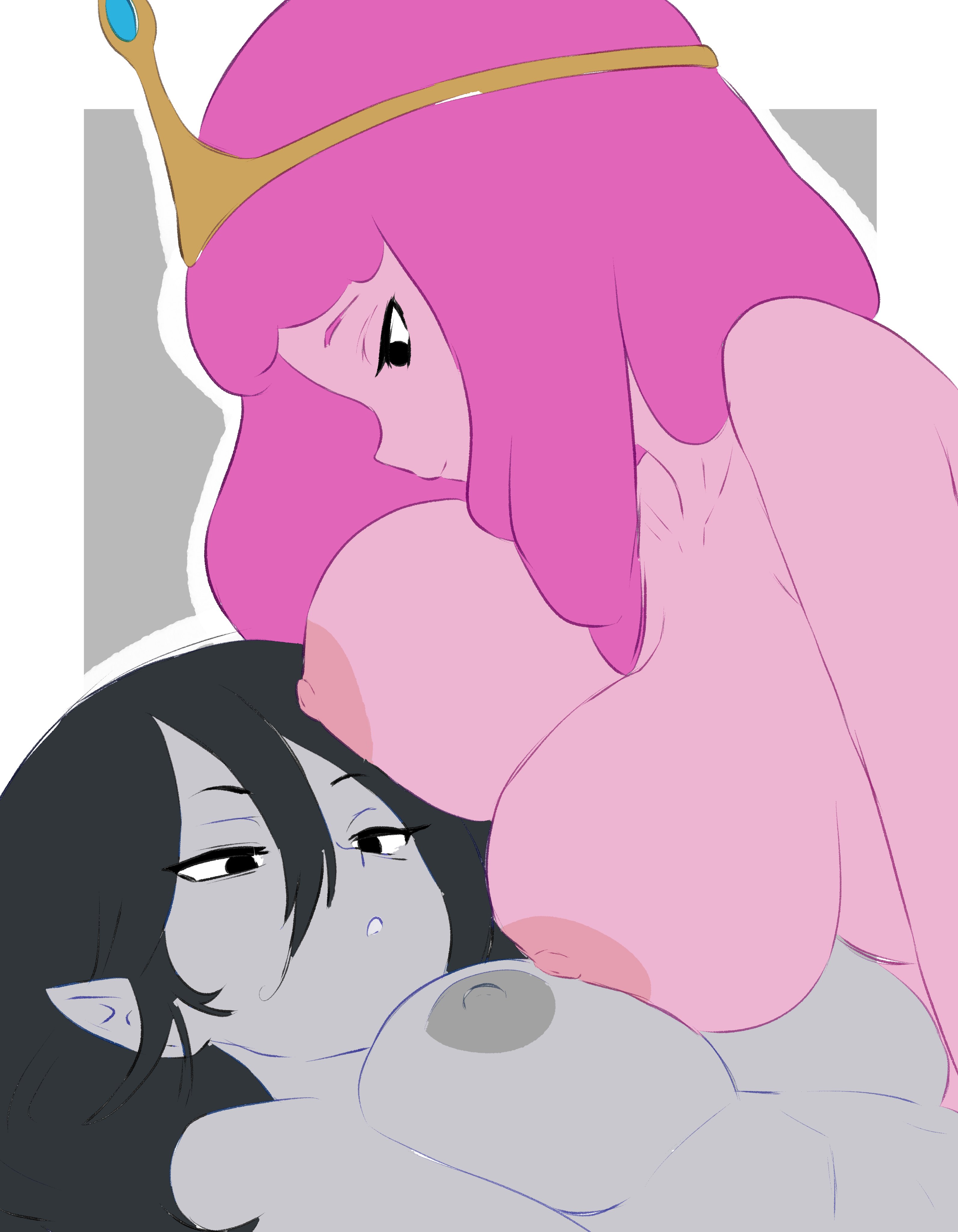 2girls, adventure time, big breasts, bighugelarge1, black hair, breast press, breasts, female, female focus, female only, female/female, grey skin, marceline, multiple girls, nude, nude female, pale skin, pink hair, pink skin, princess bubblegum, wip, yuri
