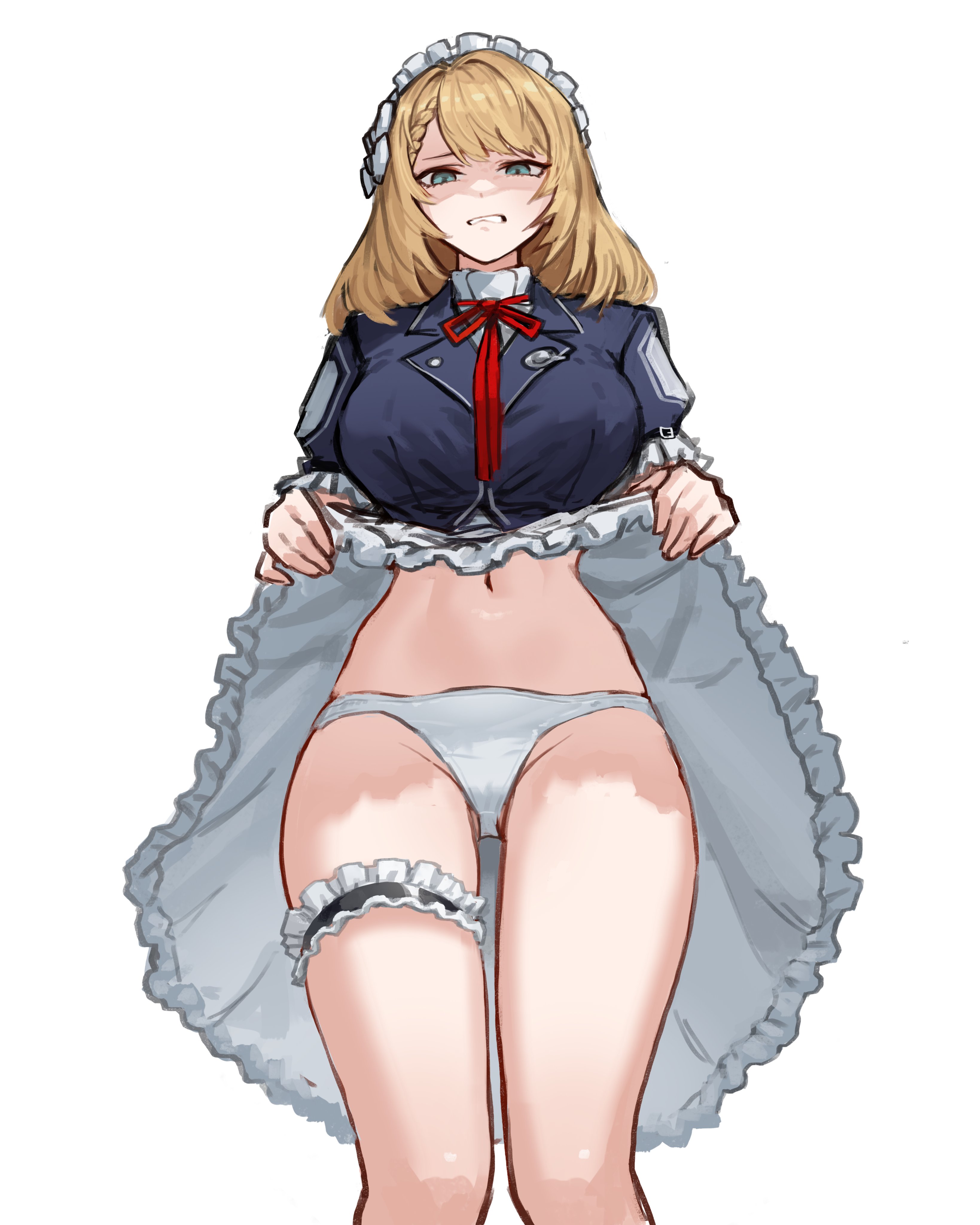 1girls, artist request, blonde hair, blue eyes, centaureissi (girls' frontline 2), clenched teeth, clothing, disgusted, feet out of frame, female, female only, g36 (girls' frontline), girls' frontline, girls' frontline 2: exilium, gritted teeth, leg garter, lifted by self, long hair, looking at viewer, low-angle view, maid, maid headdress, maid uniform, navel, panties, second-party source, shaded face, skirt, skirt lift, upskirt