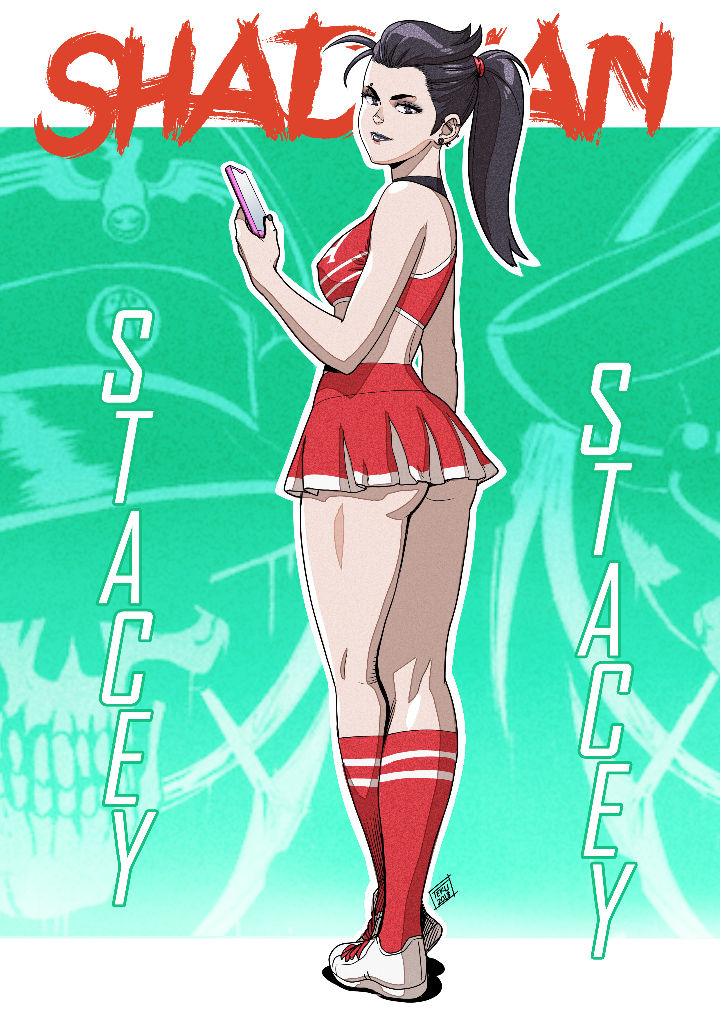 1girls, ass, black hair, cheerleader, female, microskirt, original, ponytail, skirt, socks, solo, stacey (shadman), standing, tank top, tekuho