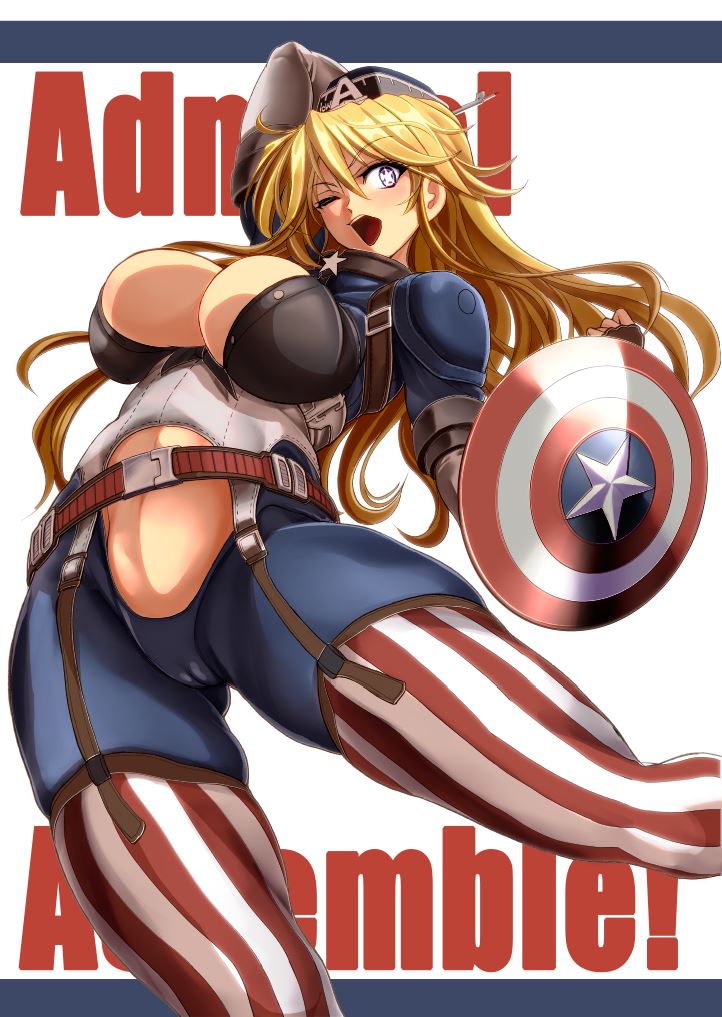 1girls, belt, big breasts, blonde hair, blue eyes, breasts, busty, cameltoe, cap, captain america, captain america (cosplay), captain america (series), captain america's shield, cleavage, closed eyes, cosplay, crossover, curvy, detailed background, english text, eyelashes, female, female only, fingerless gloves, front view, gloves, hat, holding object, hourglass figure, huge breasts, human, iowa (kantai collection), kantai collection, kawaraya a-ta, large breasts, long hair, looking at viewer, marvel, marvel comics, one-eye closed, open mouth, pose, posing, pussy, shield, shiny, shiny skin, shoulder pads, solo, standing, suspension, text, voluptuous, wide hips, wink, yellow hair