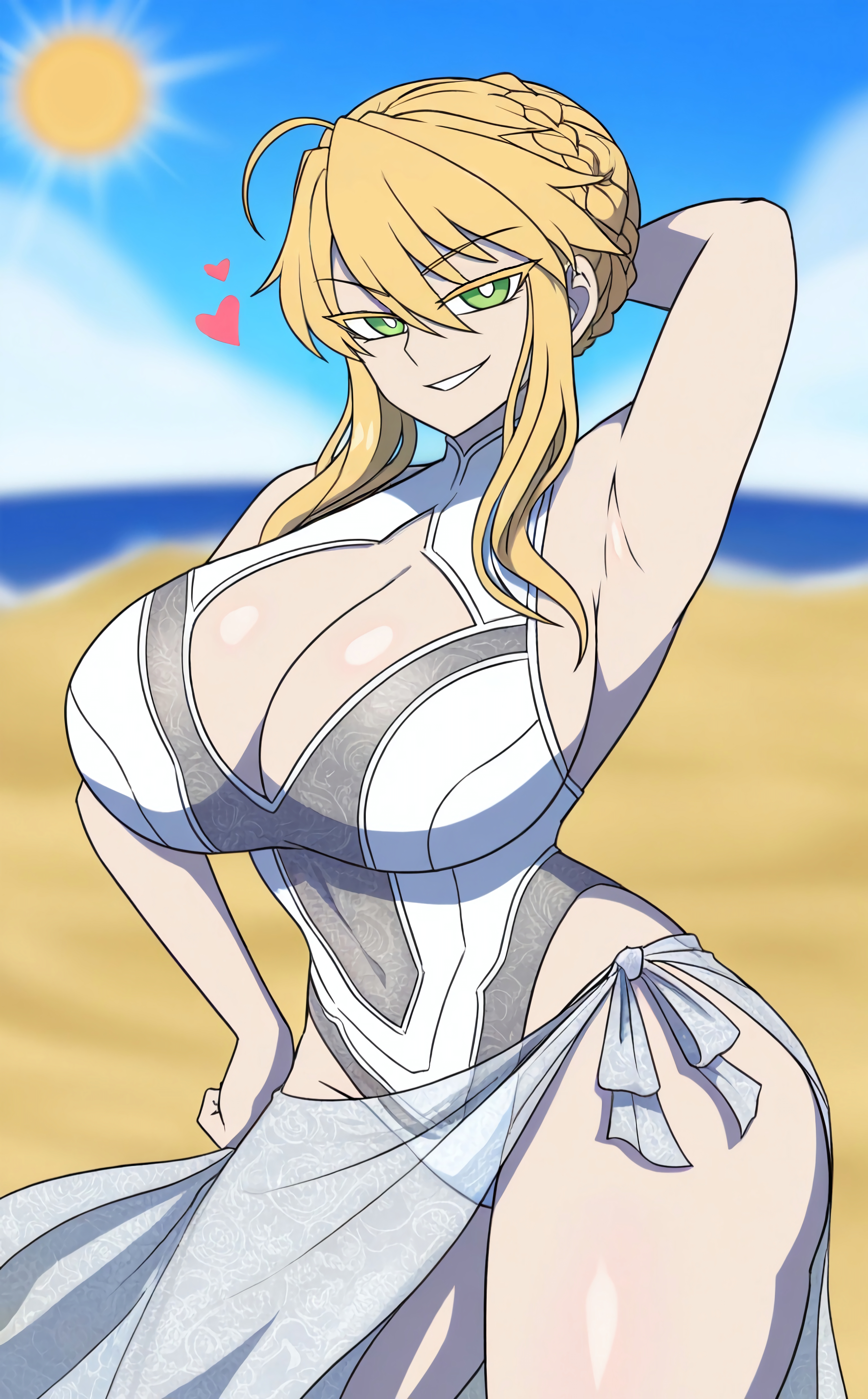 1female, 1girl, 1girls, ahoge, armpits, arms behind back, arms behind head, arms up, artoria pendragon, artoria pendragon (lancer), artoria pendragon (swimsuit ruler) (second ascension) (fate), beach background, blue sky, blurred background, blurry background, braided bun, braided hair, cel shading, curvy, curvy female, curvy figure, curvy hips, eyelashes, fate (series), fate/grand order, female, female focus, female only, glossy, green eyes, hairbun, hand behind head, hand up, heart, high quality, high resolution, highres, large boobs, large breasts, large hips, large thighs, large tits, long bangs, looking at viewer, ocean, seductive, seductive pose, sexy, sheer, shiny, shiny skin, side tie bikini, skirt, smug, smug expression, smug face, smug smile, solo, solo female, solo focus, sun, taller female, voluptuous, voluptuous body, voluptuous female, water, white bikini, white pupils, white skirt, white swimsuit, yellow eyelashes
