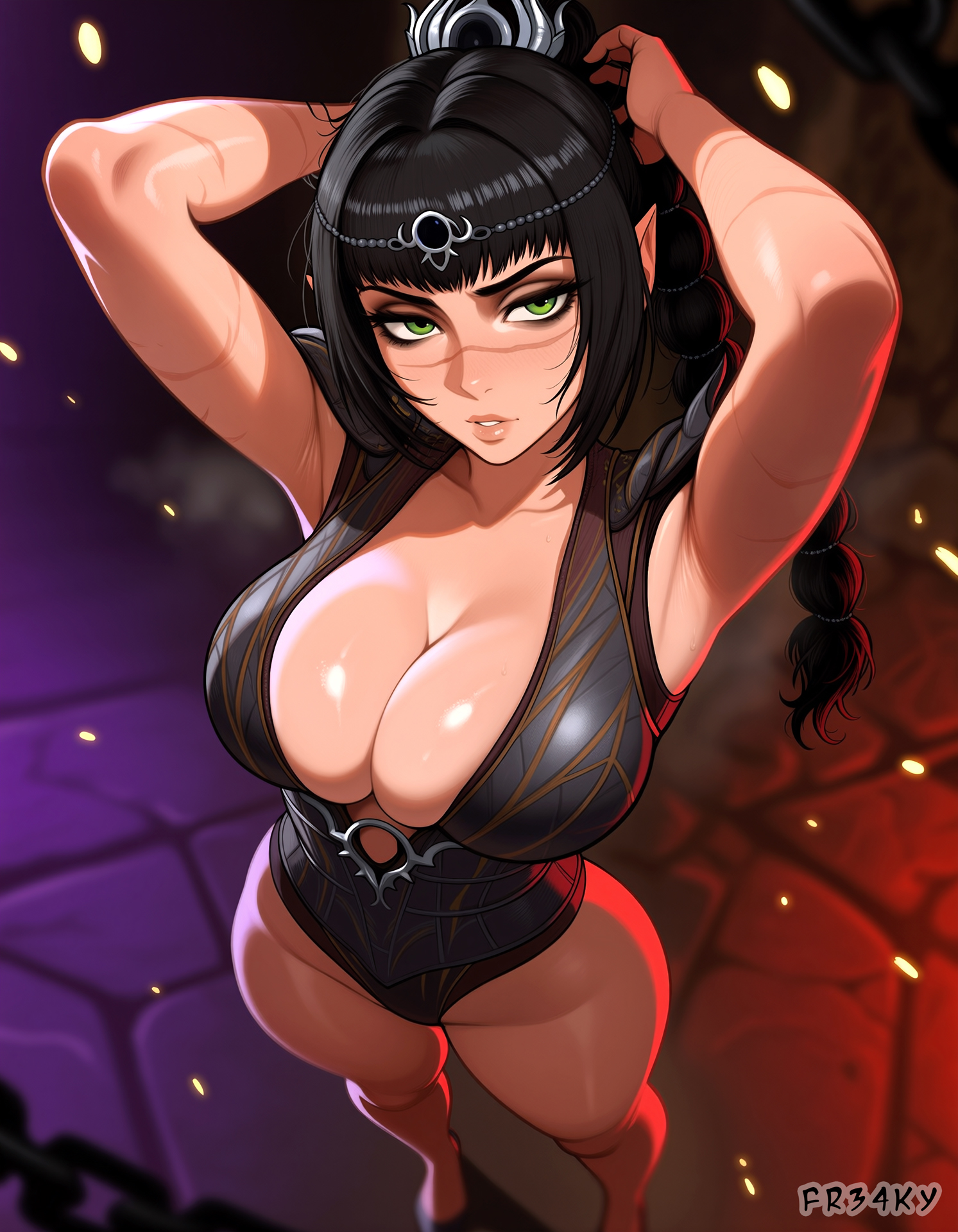 1girls, ai generated, ass, baldur's gate 3, big breasts, black hair, braided hair, circlet, cleavage, dungeons and dragons, elf female, female, female only, fr34ky, green eyes, looking at viewer, nice ass, pointy ears, round butt, scar, shadowheart, sideboob, smile, solo, standing, thighs