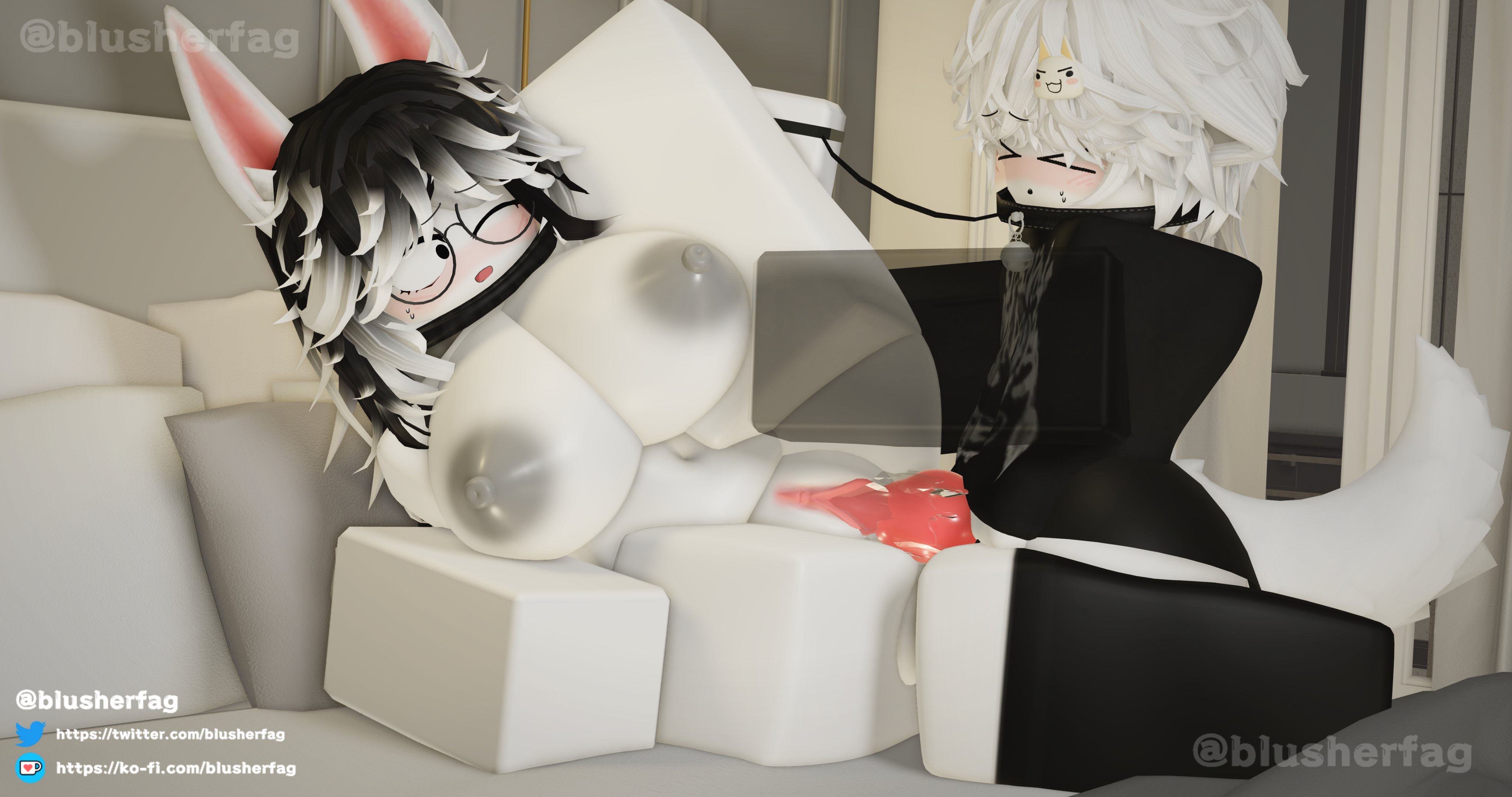 1boy, 1girls, 3d, 4k, ahegao, animal ears, anthro, bedroom, black collar, black hair, blush, blusherfag, choker, closed eyes, collar, dominant, dominant female, domination, exposed breasts, fluffy tail, fluids, fox tail, furry, glasses, grey nipples, heavy blush, high resolution, highres, holding leash, huge breasts, indoors, ko-fi username, large breasts, leash, massive breasts, messy hair, multicolored hair, nude, on bed, open mouth, pale skin, penetration, pet play, pillow, pink inner ear, puffy nipples, pussy juice, roblox, roblox avatar, robloxian, round glasses, sex, short hair, sitting, spread legs, sweat, sweating, tagme, tail, topless, twitter username, vaginal, watermark, wet, white hair, white skin, white tail