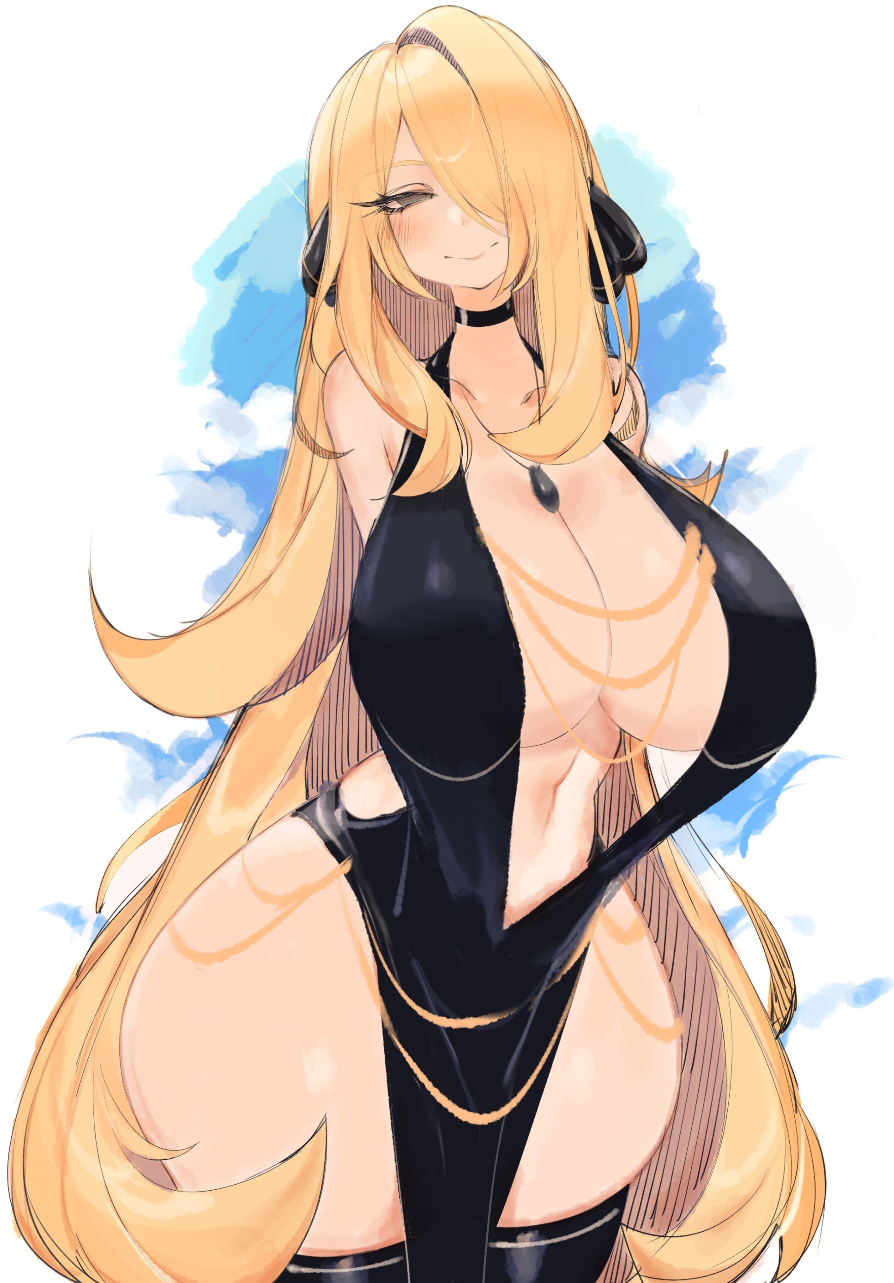 1girls, breasts, cynthia (pokemon), female, female focus, female only, large breasts, light skin, light-skinned female, looking at viewer, nintendo, pokemon, solo, thick thighs, thighhighs, thighs, usa37107692, wide hips