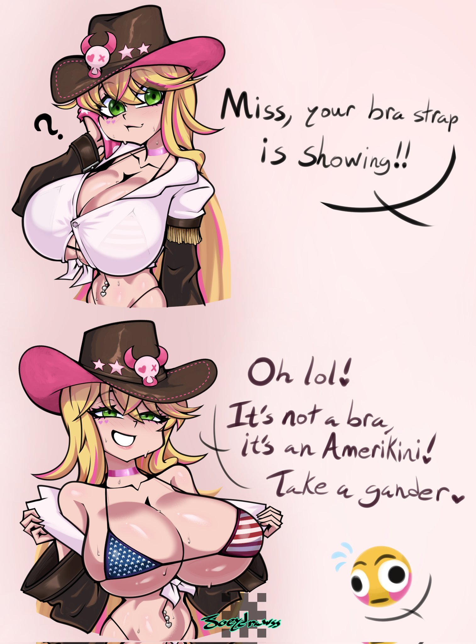 1girls, american flag, american flag bikini, big breasts, blonde hair, bra strap is showing (meme), breasts, cleavage, cowboy hat, cowgirl (western), english, english text, green eyes, hat, huge breasts, indie virtual youtuber, joeydrawss, lulu lasso, meme, meme reference, showing breasts, smile, smiling, sweat, teeth, virtual youtuber