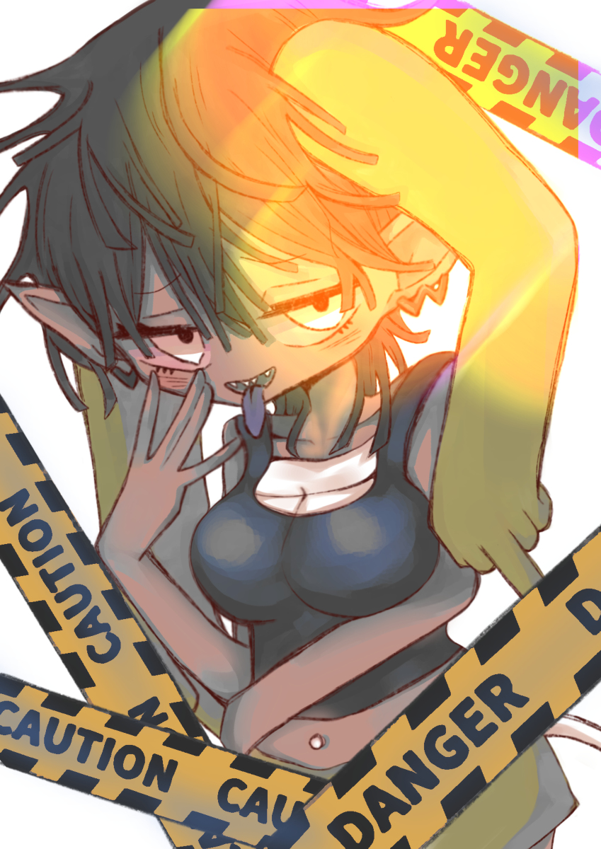 bandage bandaged_chest big_breasts black_tank_top brown-chan caution_tape da-da dark_green_hair ear_hands fully_clothed green_ears green_shorts human humanized middle_finger oyasaioni9 pointy_ears rule_63 sfw sharp_teeth short_hair teach_the_cat tongue_out white_eyes white_tail