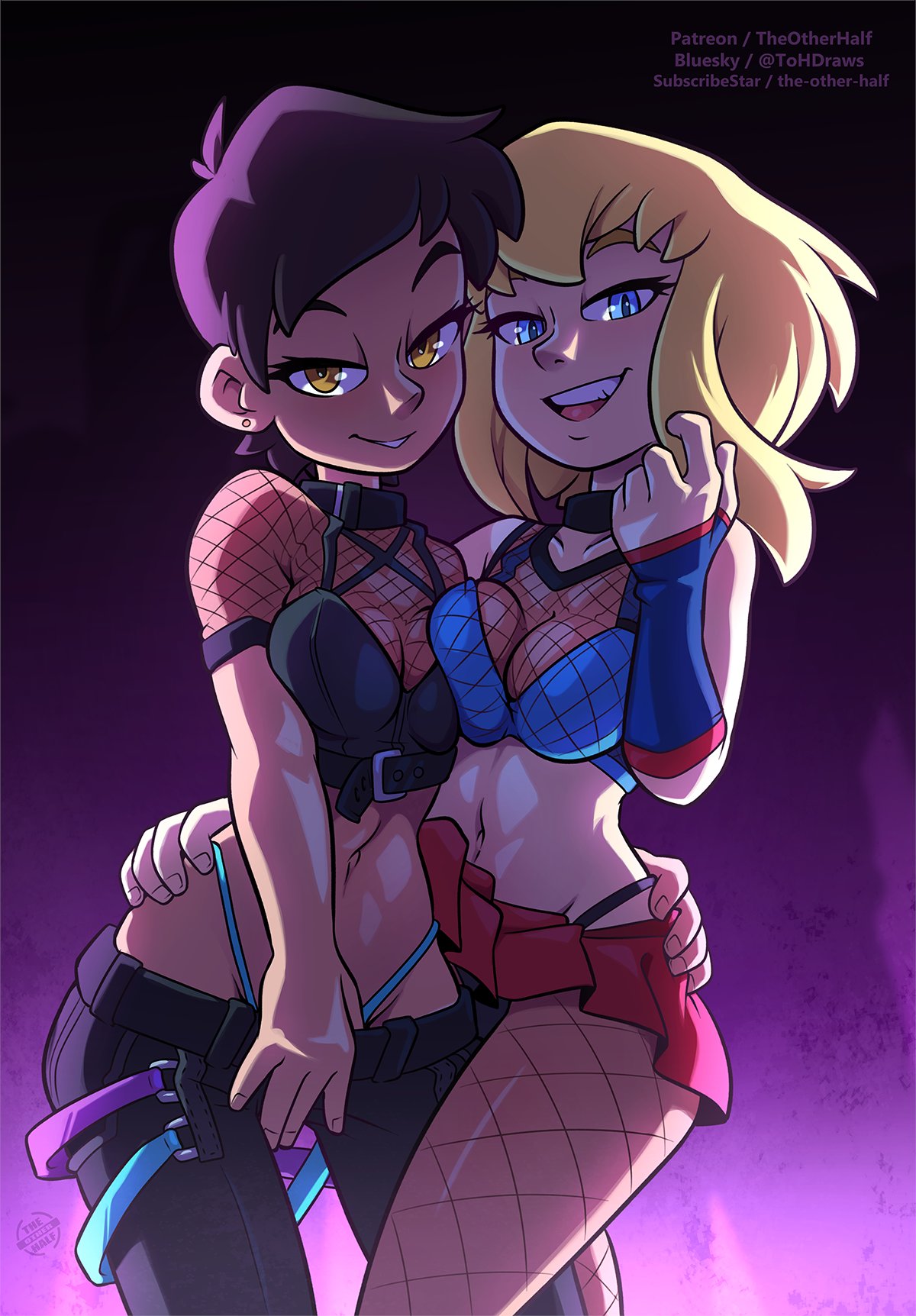 2girls, black hair, black hair female, blonde female, blonde hair, blue eyes, cleavage, dc comics, fishnet topwear, fishnets, lois lane, lois lane (my adventures with superman), my adventures with superman, pose, posing, rave, rave outfit, rave party, supergirl, supergirl (my adventures with superman), superman (series), the other half, yellow eyes