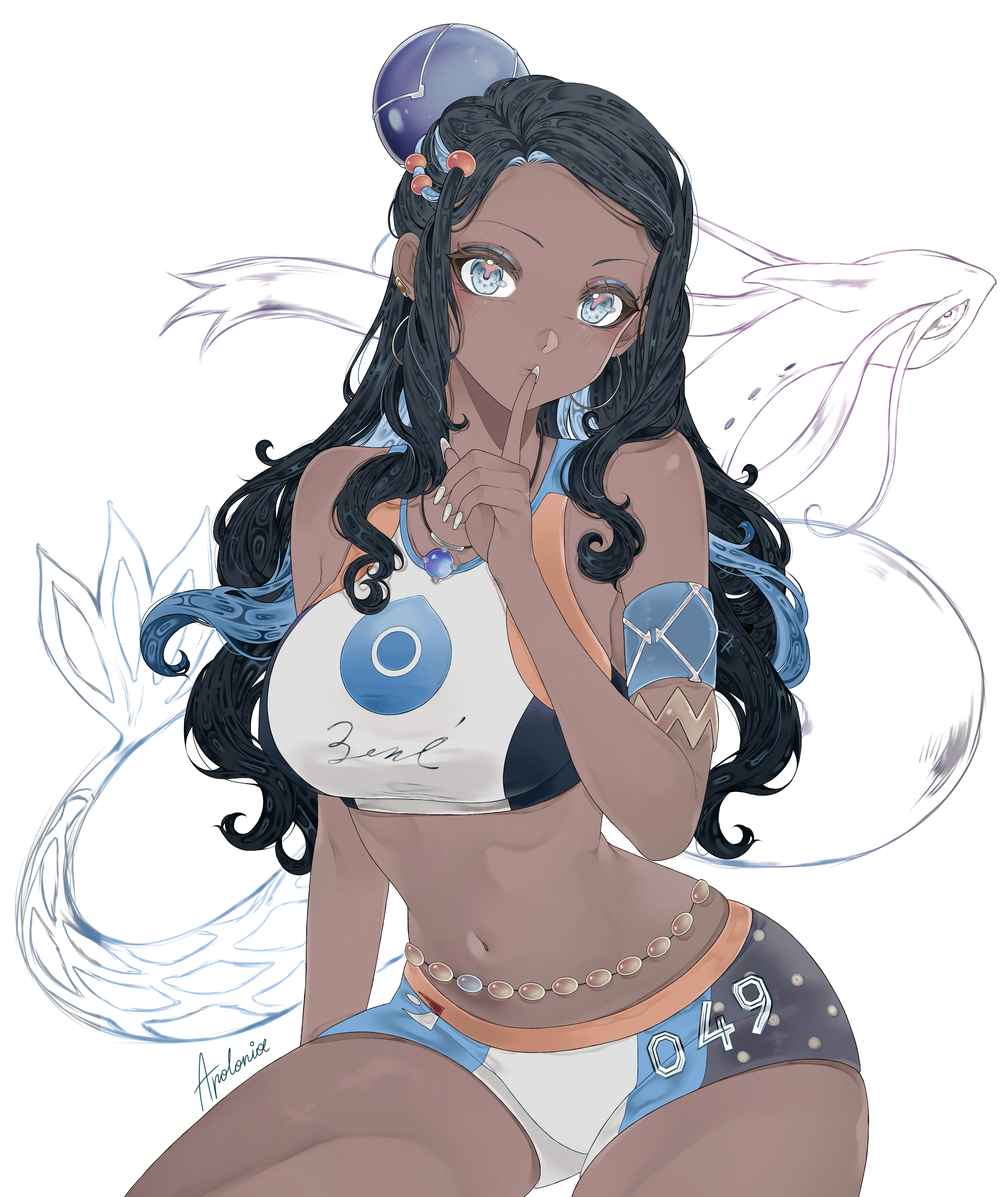 1girl, 2026, absurdres, apolonia 07, armlet, belly chain, black hair, blue eyes, blue eyeshadow, breasts, closed mouth, crop top, dark skin, dark-skinned female, eyeshadow, hair bun, hand up, highres, index finger raised, jewelry, long hair, looking at viewer, makeup, milotic, nail polish, navel, necklace, nessa (pokemon), pokemon, pokemon ss, pokemon sword and shield, shorts, sidelocks, signature, simple background, sports bra, white background