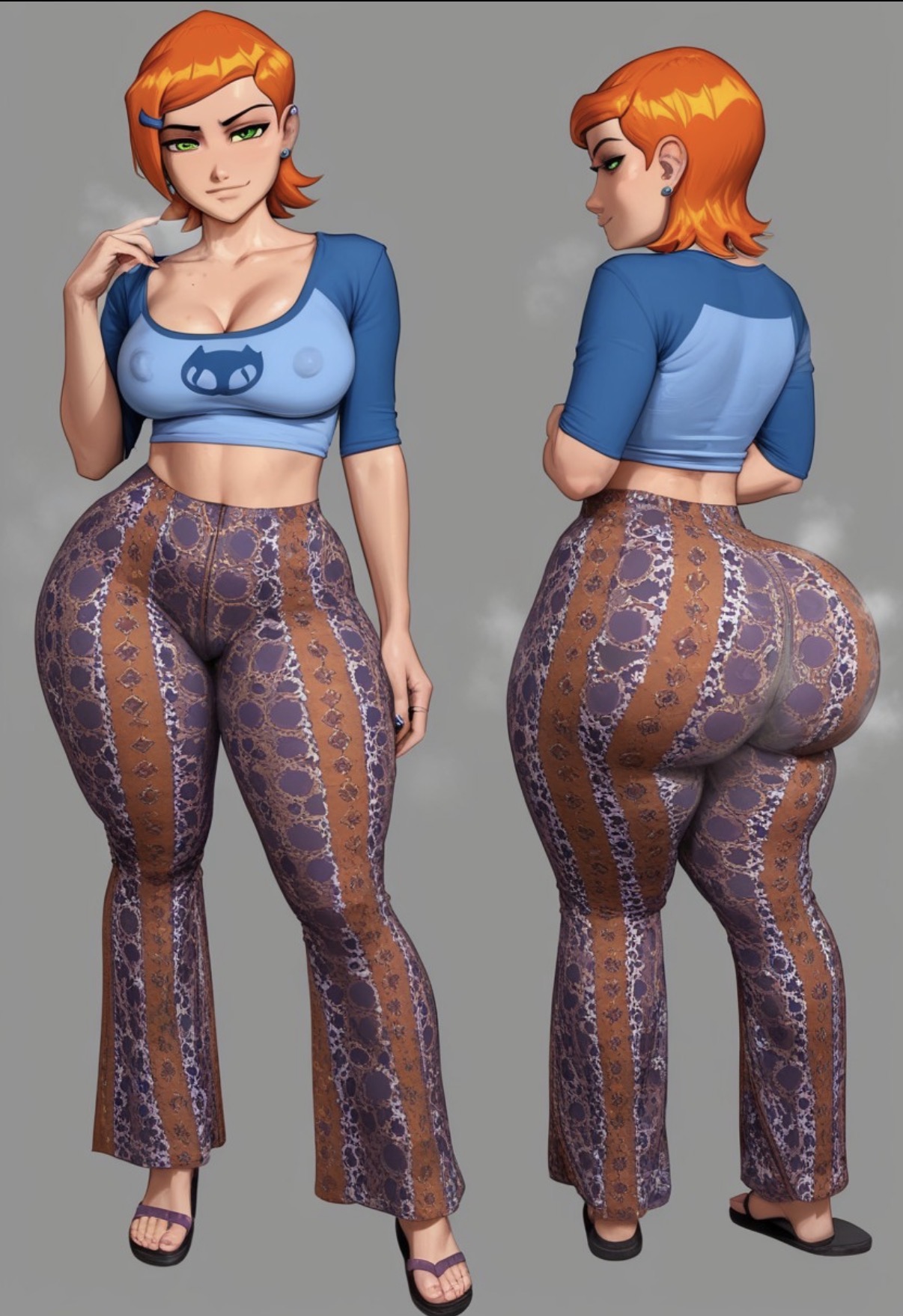 1girls, ai generated, ass, ben 10, ben 10 (classic), big ass, big butt, boobs, booty, bottom heavy, breasts, breedable, breedable hips, bubble butt, cartoon network, crop top, curvaceous, curvy, curvy figure, fat ass, feet, female, female only, flare pants, flip flops, forbidden pants, green eyes, gwen tennyson, gwen tennyson (classic), hips, musk, musk clouds, orange hair, pawg, pawg build, perfect ass, phat ass, sexy, sexy ass, sexy body, sexy female, taiga20, thicc, thicc ass, thicc thighs, thick, thick ass, thick thighs, voluptuous, voluptuous female, wide ass