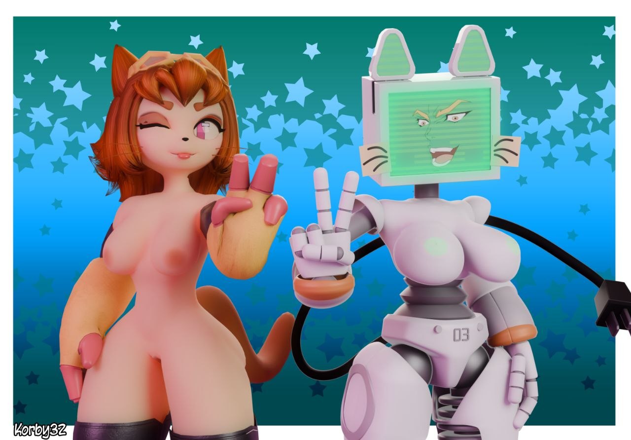 2girls, 3d, 3d (artwork), anthro, anthro on anthro, big ass, big breasts, blender, catgirl, crossover, furry, furry female, furry only, gameoverse, humanoid, jojo reference, kit (gameoverse), kit bodega, korby32 (artits), nude, nude female, pur 03, robot, robot girl, screen face, simple background, tongue out