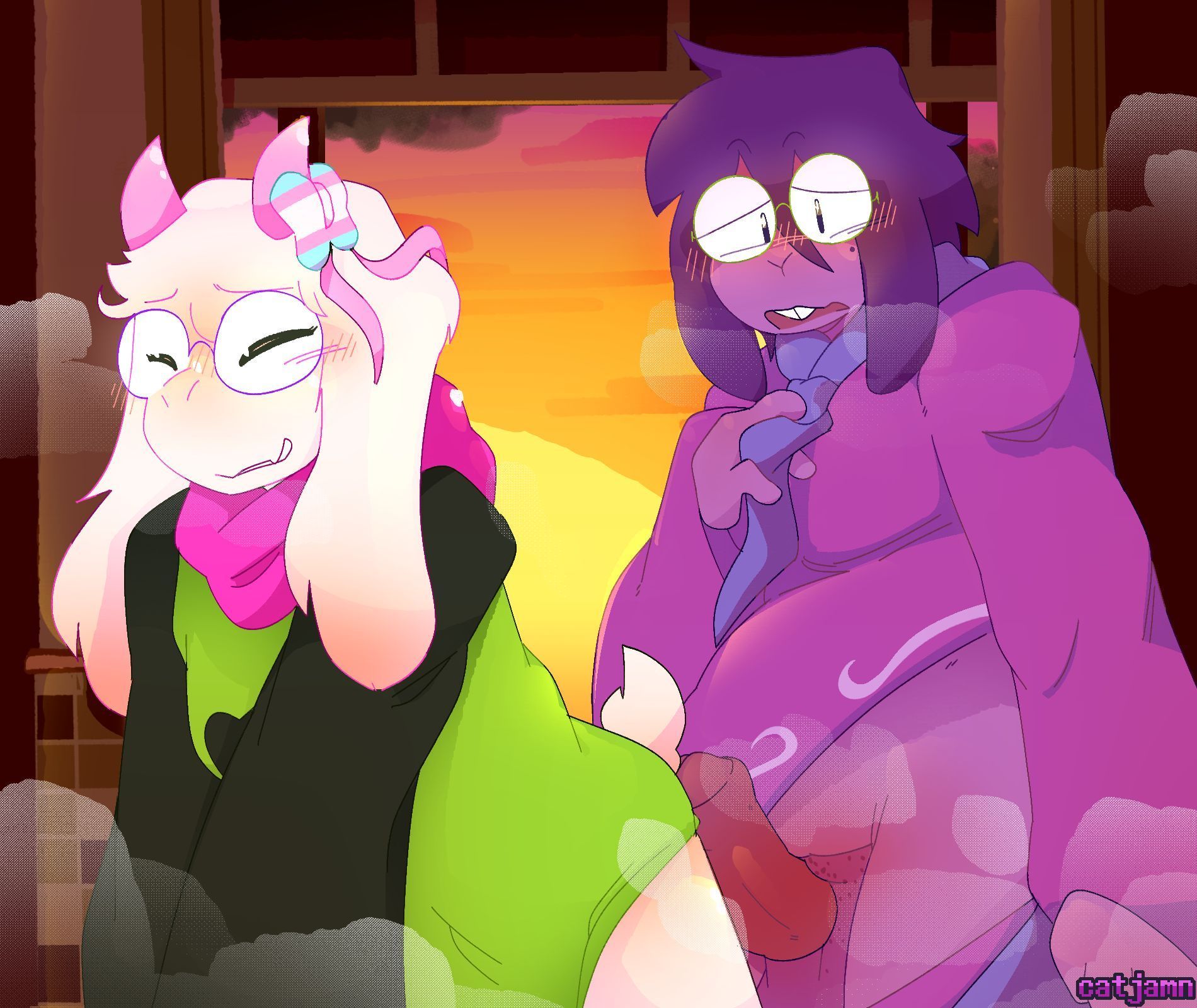 1girls, 1nonbinary, animal nose, artist signature, blush, blush lines, blushing, bottomless, breasts, buckteeth, buttjob, caprine, catjam (artist), catjamn, closed eyes, clothing swap, covered breasts, deltarune, duo, erection, eyelashes, eyewear, floppy ears, foreskin, glasses, goat, green clothing, green glasses, horn, horns, leaning forward, long ears, long sleeves, male, medium penis, mole, mole under eye, necktie, nervous, nonbinary, open mouth, pants down, parted lips, partially clothed, partially retracted foreskin, penis, penis on ass, purple clothing, purple glasses, purple hair, purple skin, rabbit nose, raised eyebrows, ralsei, ribbon, rule 63, scarf, seth (deltarune), smile, snout, steam, sun, sunset, tail, trans woman, transgender pride colors, uncut, visible breath, wavy mouth, white fur