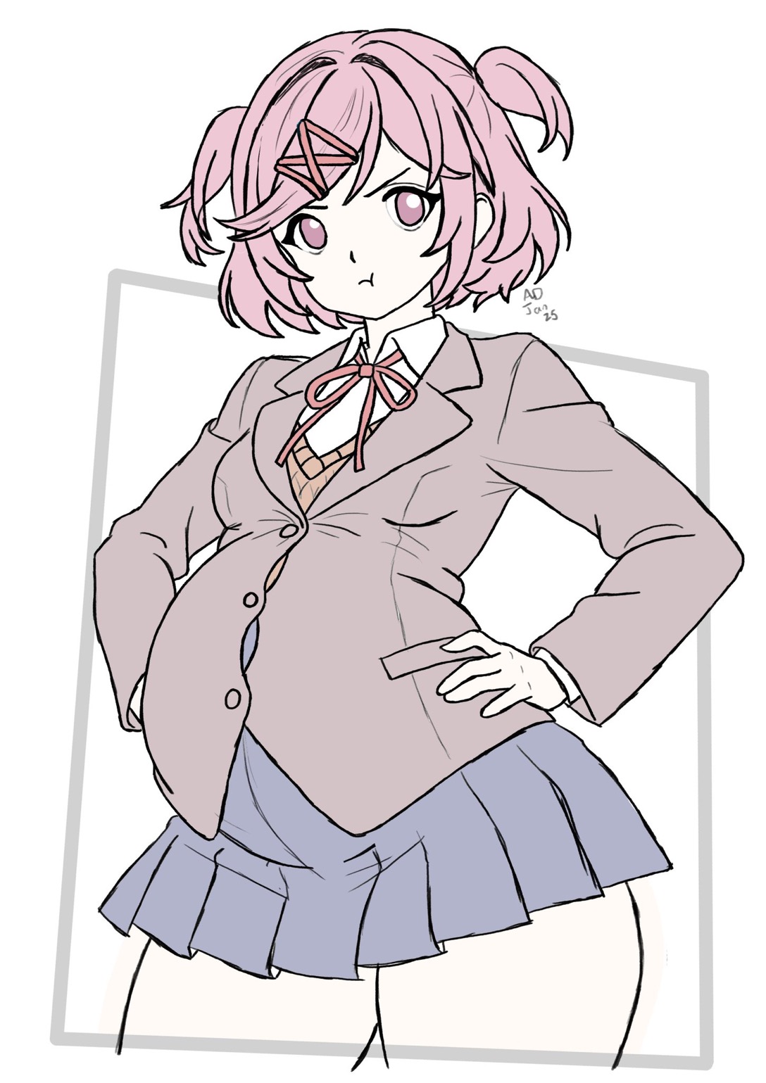 1girls, arrowdark, big belly, big breasts, big butt, bloated belly, blush, breasts, chubby, chubby female, clothed, clothing, color, doki doki literature club, embarrassed, fat ass, female, female only, hands on hips, natsuki (doki doki literature club), pink eyes, pink hair, pregnant, school uniform, sketch, thick ass, thick thighs, thighs, tight clothing, tsundere, wife material