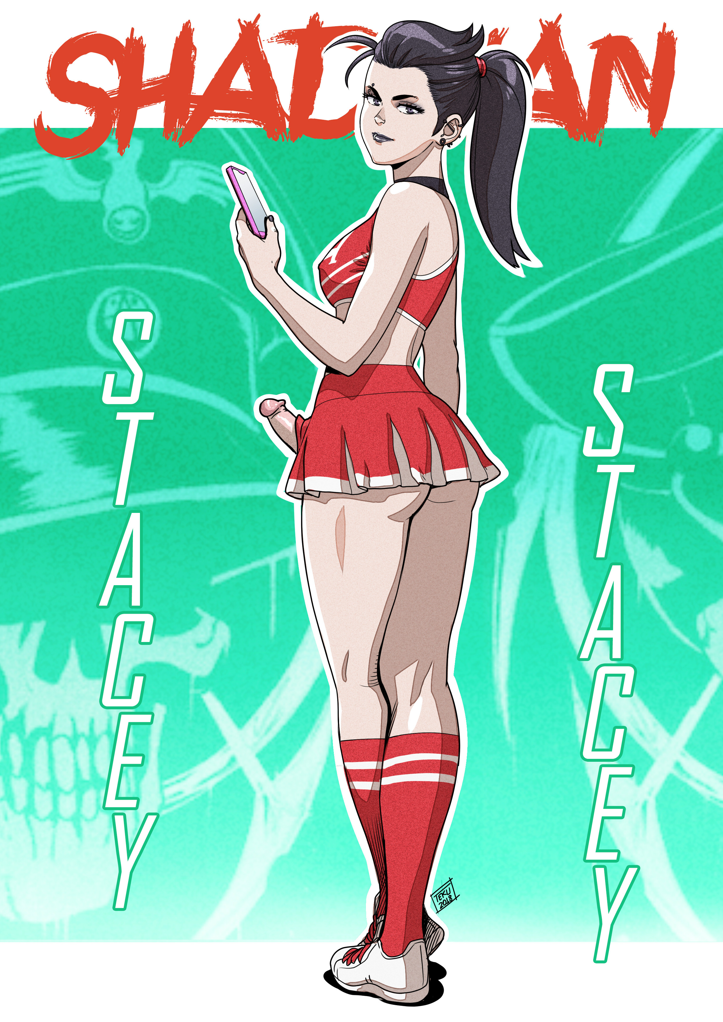 1futa, ass, black hair, breasts, cheerleader, cheerleader uniform, curvy, erect nipples, erection, erection under clothes, erection under skirt, eyeshadow, futa only, futanari, goth, intersex, large ass, lipstick, makeup, male, medium breasts, microskirt, nipple bulge, nipples, no panties, original, penis, penis out, penis under clothes, penis under skirt, ponytail, skirt, socks, solo, stacey (shadman), standing, tank top, tekuho, trap