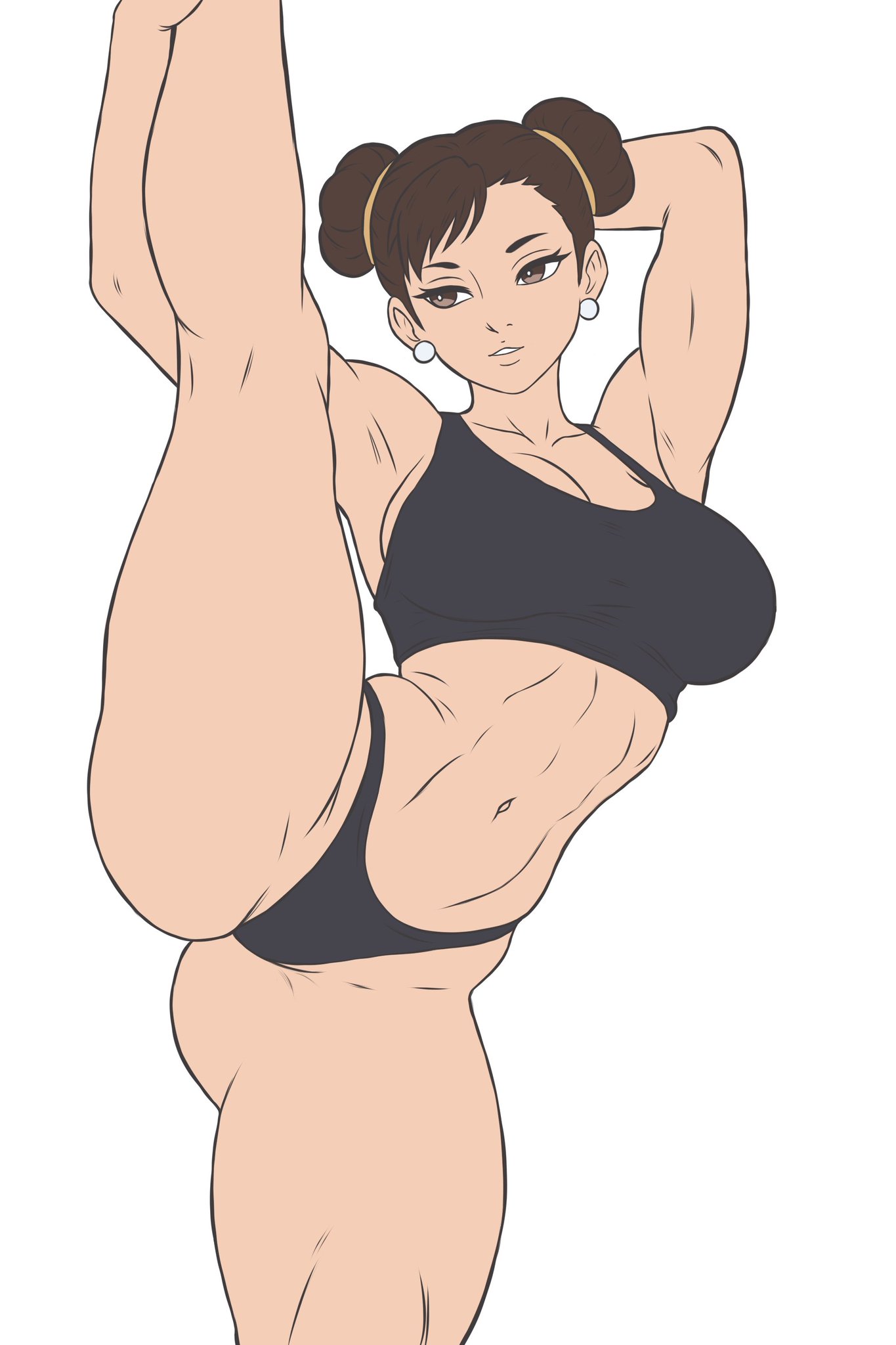 1girls, ass, ass visible from the front, brown eyes, brown hair, capcom, chun-li, earrings, female, raised leg, smile, sports bra, street fighter, thong, vertical splits