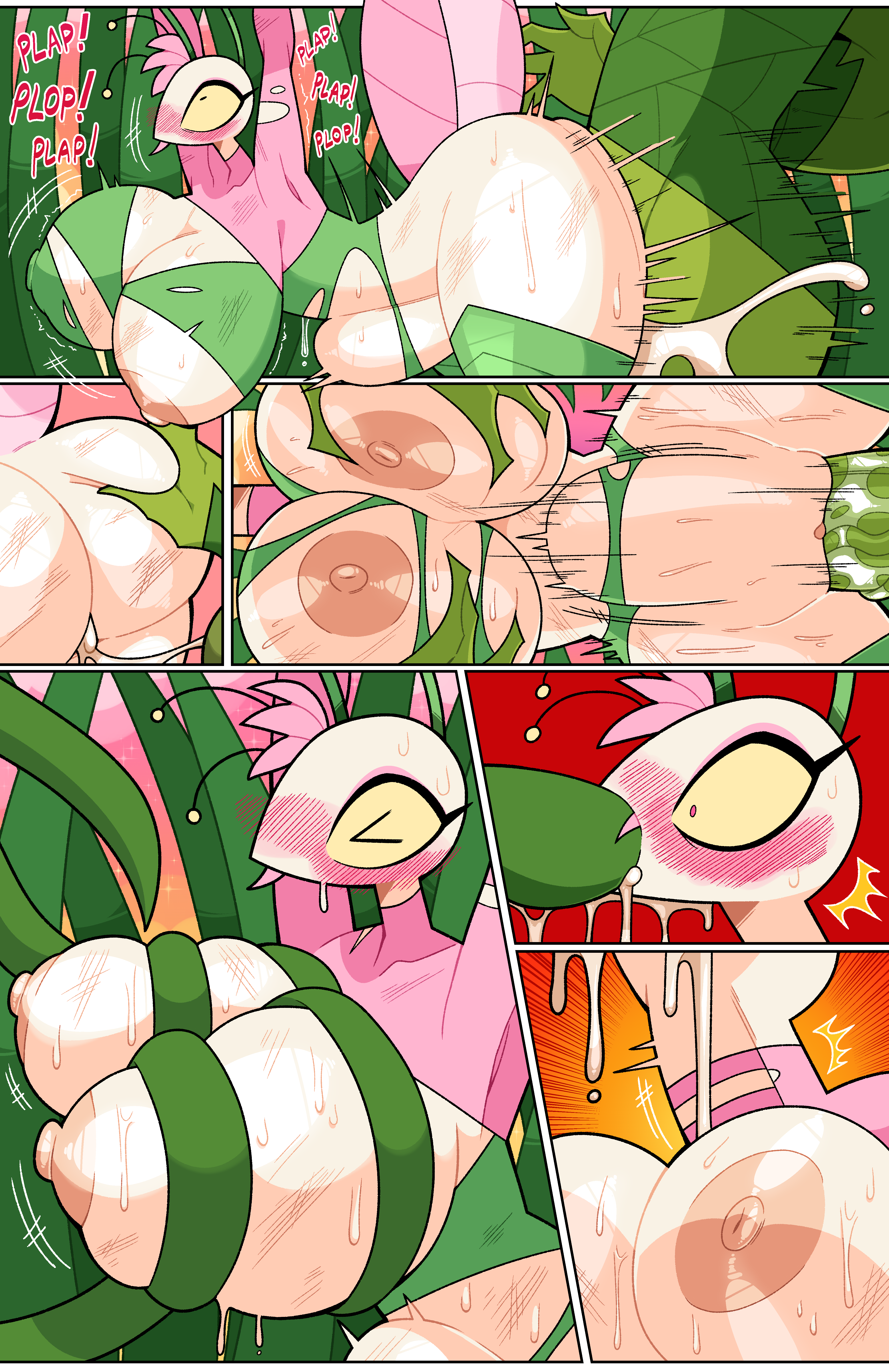 absurd res, anthro, arthropod, big breasts, biped, blush, bodily fluids, breasts, comic, detailed background, duo, erection, female, female penetrated, genitals, hi res, huge breasts, humanoid, idolomantises, insect, male, male penetrating, male penetrating female, male/female, mantis, nipples, oral, penetration, penile, penile penetration, penis, penis in vagina, petunia (idolomantises), rose (idolomantises), sex, sweat, text, vaginal, vaginal penetration, vulva, white body