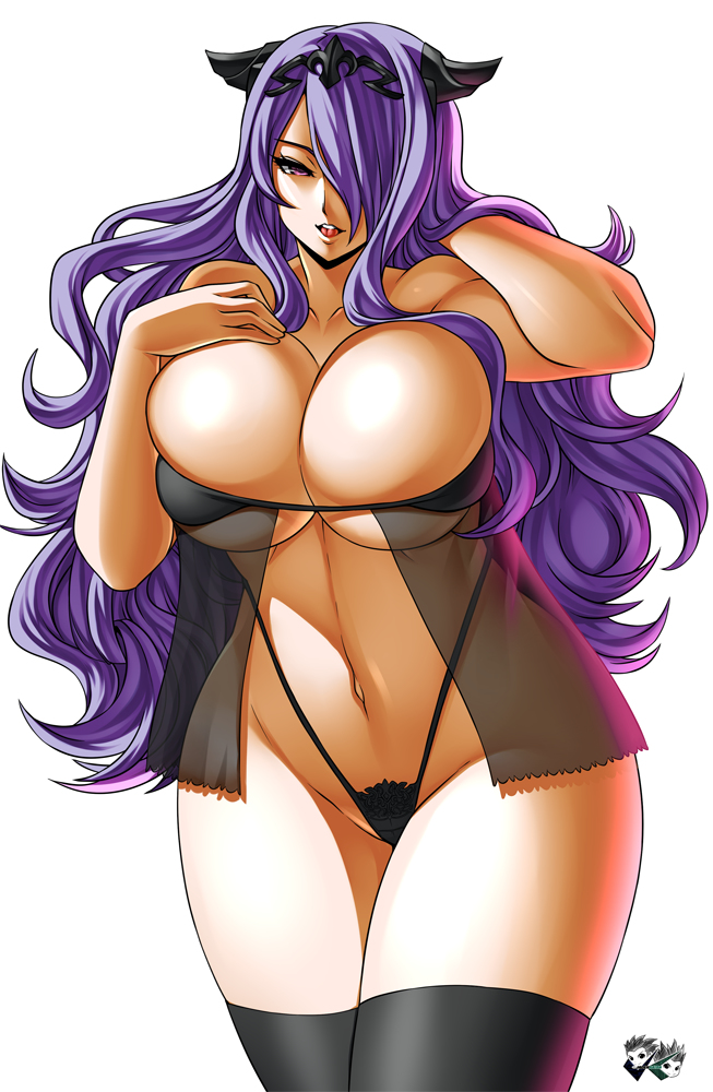 barely clothed, black legwear, breasts, bursting breasts, camilla (fire emblem), cleavage, curvy, female, female only, fire emblem, fire emblem fates, hair over one eye, hourglass figure, huge breasts, image sample, jadenkaiba, large breasts, lingerie, long hair, naughty face, navel, negligee, nintendo, open mouth, pixiv sample, purple eyes, purple hair, see-through, skindentation, smile, solo, standing, thick thighs, thighhighs, thighs, underboob, underwear, wide hips