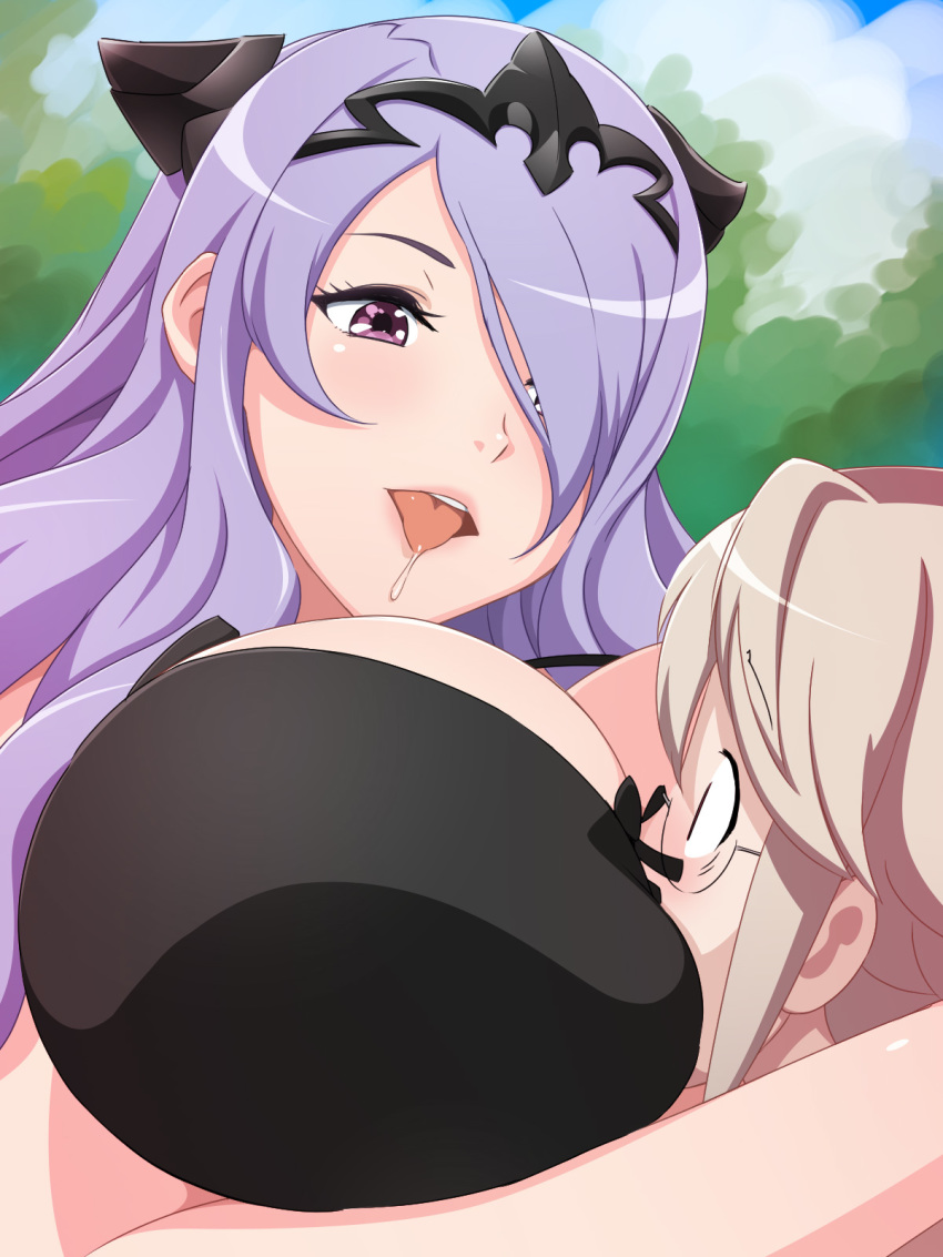 between_breasts blush bra breast_press breast_smother breasts camilla_(fire_emblem) cleavage corrin_(fire_emblem) corrin_(fire_emblem)_(male) female fire_emblem fire_emblem_fates glasses hair_over_one_eye highres hug huge_breasts large_breasts long_hair looking_at_another naughty_face nintendo open_mouth outdoors purple_eyes purple_hair saliva shiny shiny_skin tagme tongue upper_body yuki_(12cut)