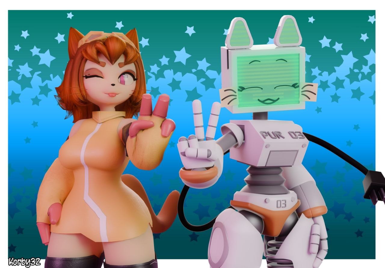 2girls, 3d, 3d (artwork), anthro, anthro on anthro, blender, catgirl, clothing, crossover, furry, furry female, furry only, gameoverse, humanoid, kit (gameoverse), kit bodega, korby32 (artits), pur 03, robot, robot girl, screen face, simple background, tongue out