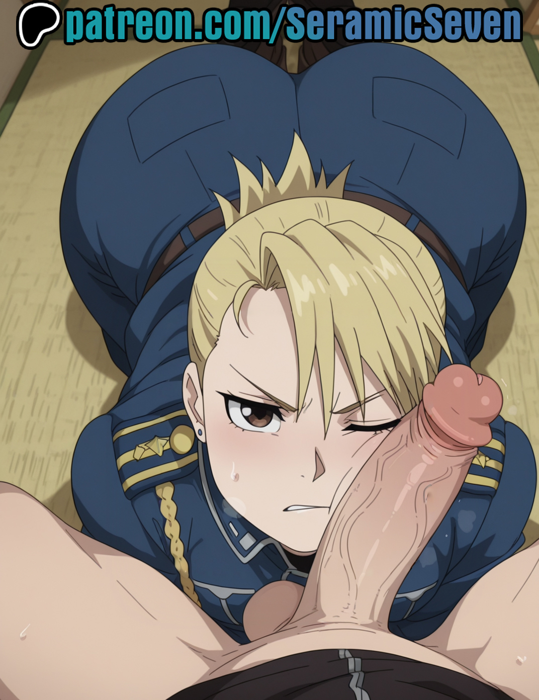 1boy, 1boy1girl, 1girl, 1girls, 2d, ai, ai generated, anime, anime style, annoyed, big butt, blonde, blonde female, blonde hair, blonde hair female, blonde-haired female, bubble butt, cheek bulge, fat ass, fat butt, female, female soldier, fullmetal alchemist, fullmetal alchemist brotherhood, imminent fellatio, imminent oral, large ass, light skin, light-skinned female, light-skinned male, looking at viewer, male, male pov, male/female, military uniform, one eye closed, penis on cheek, penis on face, pov, pov male, riza hawkeye, seramic seven, soldier, uncensored, uncensored penis, veiny penis