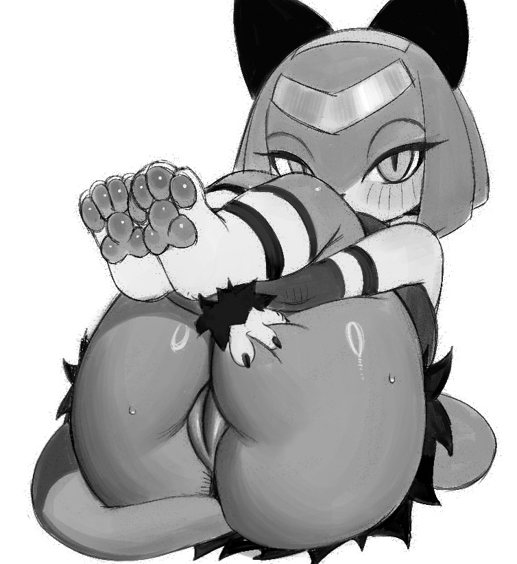 anthro, anus, big butt, biped, blush, bodily fluids, butt, curled up, eyelashes, feet, felid, feline, female, genitals, glistening, glistening body, jingzhou14848, looking at viewer, mammal, pal (species), palworld, pawpads, pocketpair, pupils, sekhmet (pal), simple background, soles, solo, sweat, tail, thick thighs, vulva, wide hips