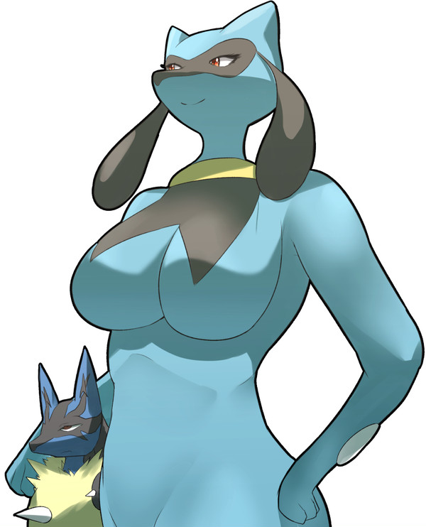 1boy 1girls ambiguous_gender breasts furry giantess larger_female lucario no_nipples pokemon pokemon_(species) pokemon_dppt riolu size_difference soryuu ソリュウ