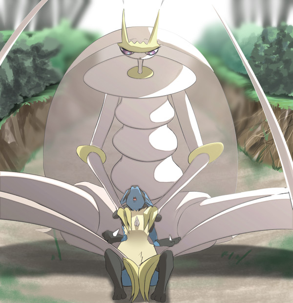 ambiguous_gender canine feet furry giantess insect interspecies larger_male long_legs lucario nintendo pheromosa pokemon pokemon_(species) pokemon_dppt pokemon_sm sitting size_difference soryuu source_request ソリュウ