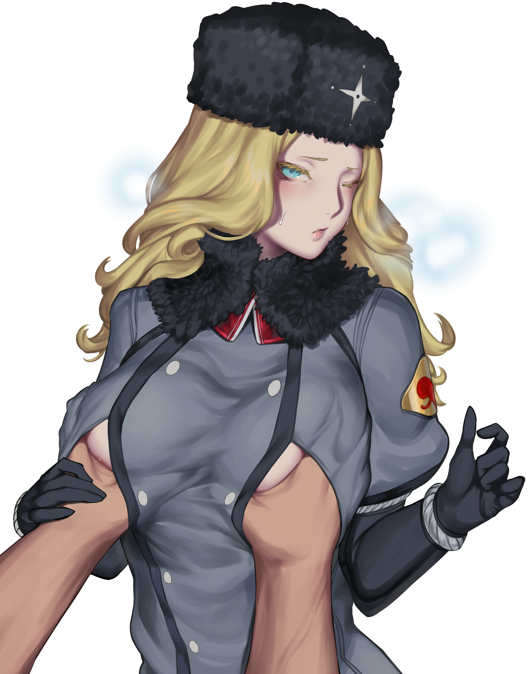 1boy, 1girls, absurd res, black gloves, blonde hair, blue eyes, blush, breast grab, breasts, breath, buttons, clothing, eyelashes, female, fur collar, fur hat, gloves, grab, hands under clothes, hat, highres, kolin (street fighter), kumiko (aleron), large breasts, light skin, light-skinned female, long hair, looking at viewer, male, one eye closed, parted lips, pov, simple background, solo focus, street fighter, street fighter v, sweatdrop, upper body, ushanka, white background