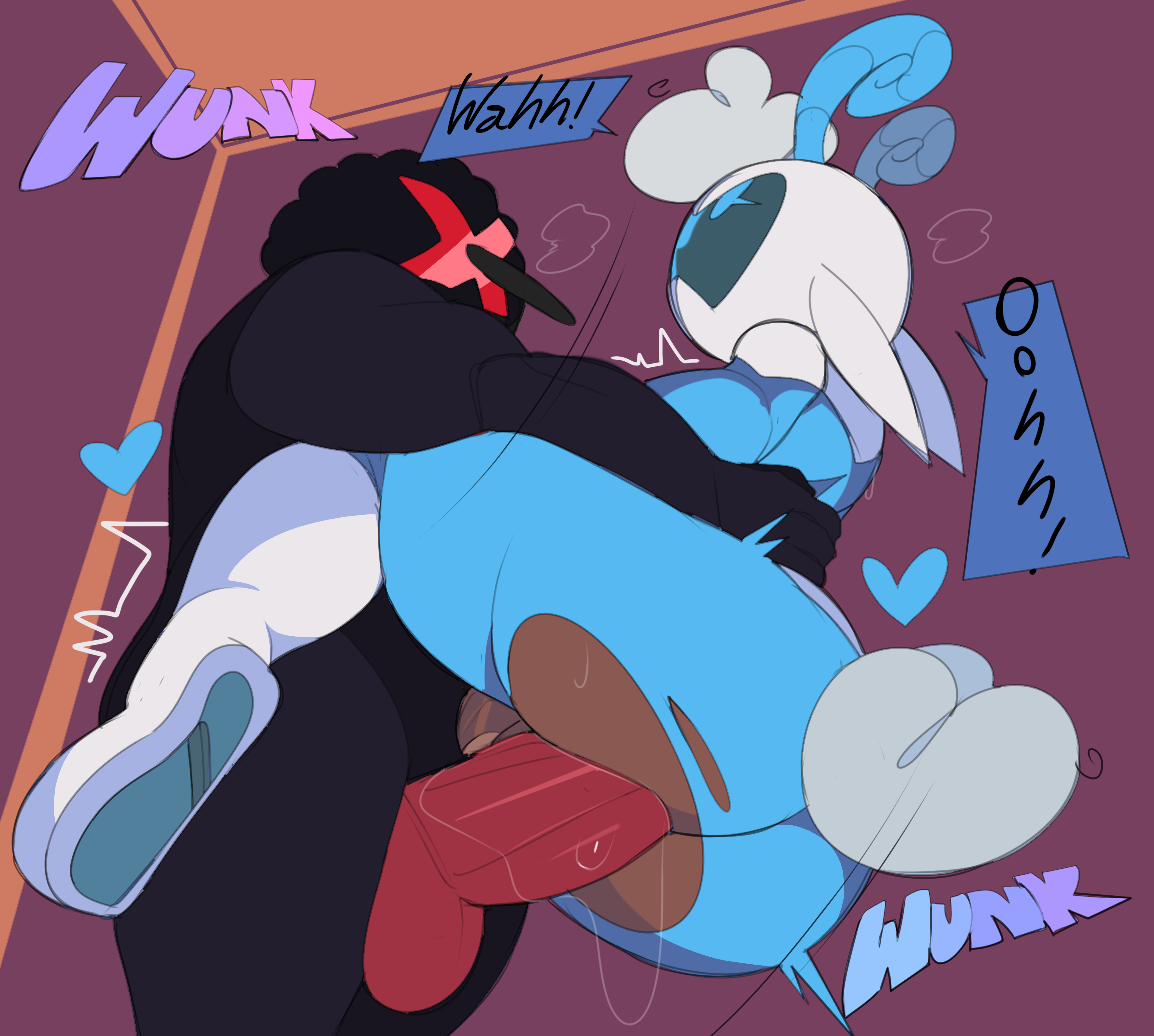 2019, absurd res, anal, anal sex, balls, blue clothing, boots, brown skin, caprine, captain kirb, clothing, dark skin, dialogue, english text, erection, femboy, footwear, fur, head tuft, headwear, heart, hi res, horn, long ears, male, mammal, mask, motion lines, penetration, penis, raito buru (miscon), red penis, sex, sheep, short tail, speech bubble, tail, text, torn clothing, uniform, white fur, yaoi