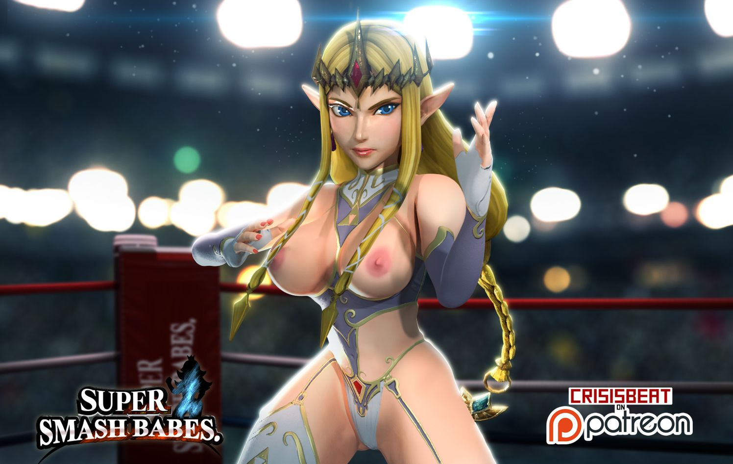 3d, areolae, blonde hair, blue eyes, braided hair, breasts, crisisbeat, crown, female, hyrule warriors, large breasts, lingerie, nintendo, patreon logo, pointy ears, princess zelda, solo, standing, super smash bros., the legend of zelda, wrestling, zelda (hyrule warriors)